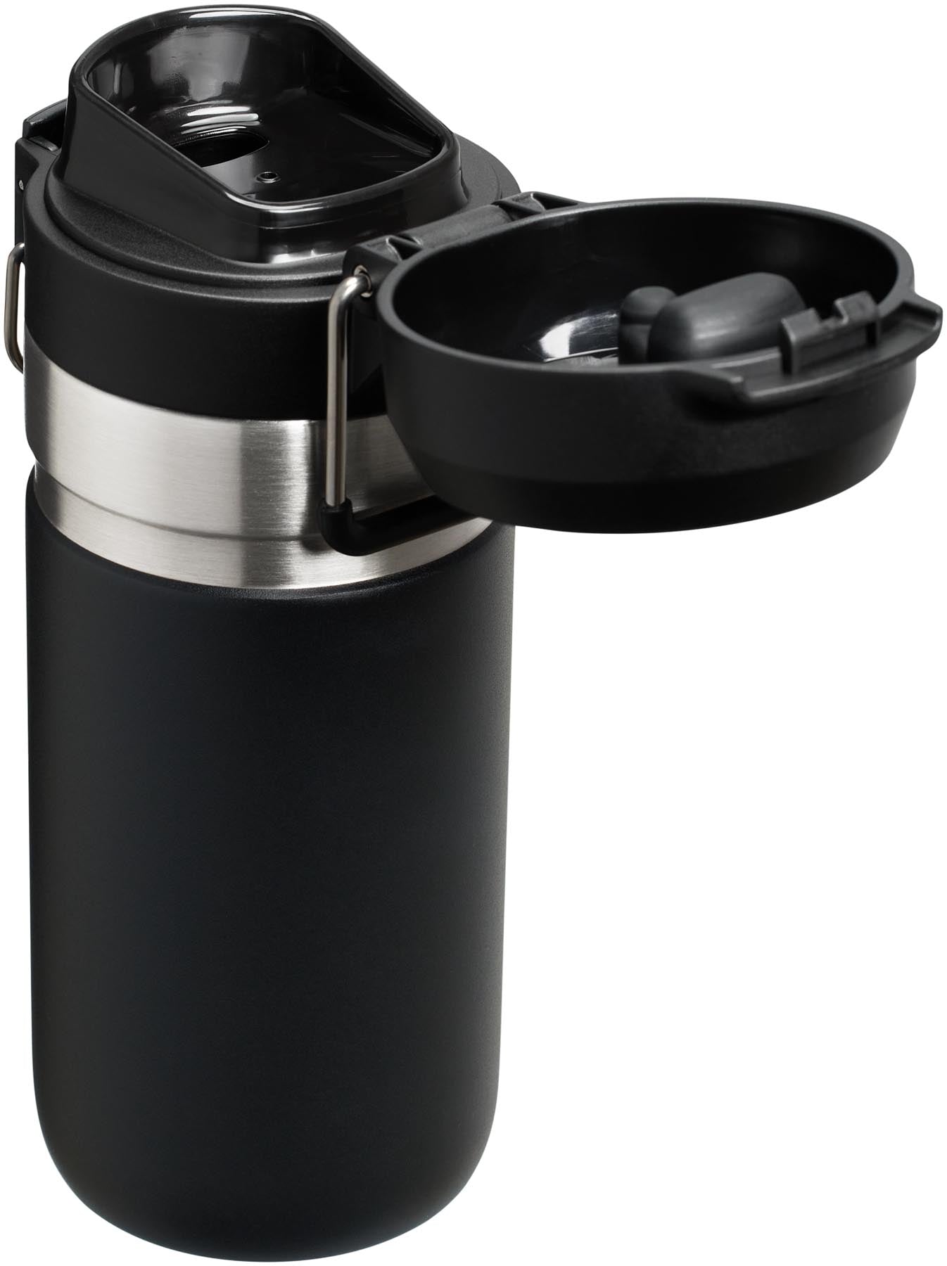Stylische Quick-Flip Wasserflasche 0.47l in elegantem Schwarz, ideal für unterwegs. Hochwertige Thermosflasche von Stanley für kalte und heiße Getränke.