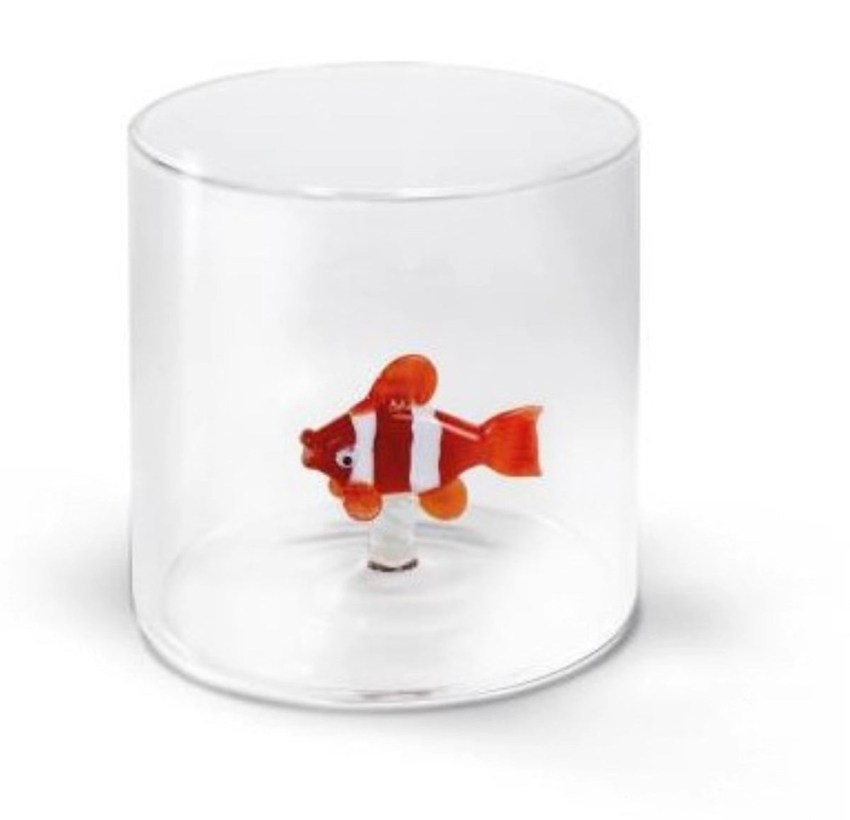 Transparentes Trinkglas aus Borosilikat-Glas mit Clownfisch-Motiv, 250 ml Fassungsvermögen, Masse 8x8x8 cm, von Easy Life.