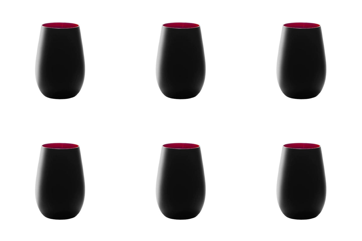 6er Set Elements Becher 465ml von Stölzle, Trinkgläser aus Glas in schwarz/rot, zylindrische Form, Fassungsvermögen 465ml, sechsteilig arrangiert.