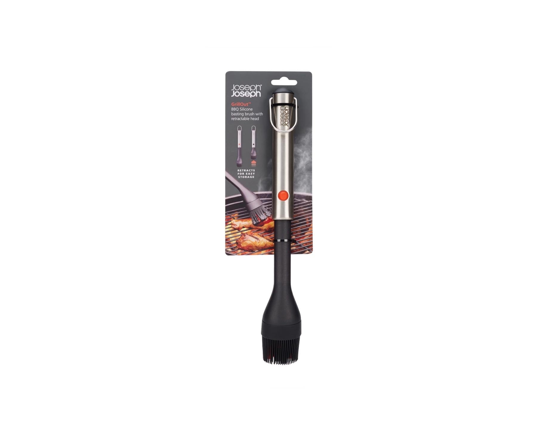Praktischer Grillpinsel von Joseph Joseph mit flexiblem, einziehbarem Silikonkopf, ideal für präzises Auftragen von Marinaden und Saucen.
