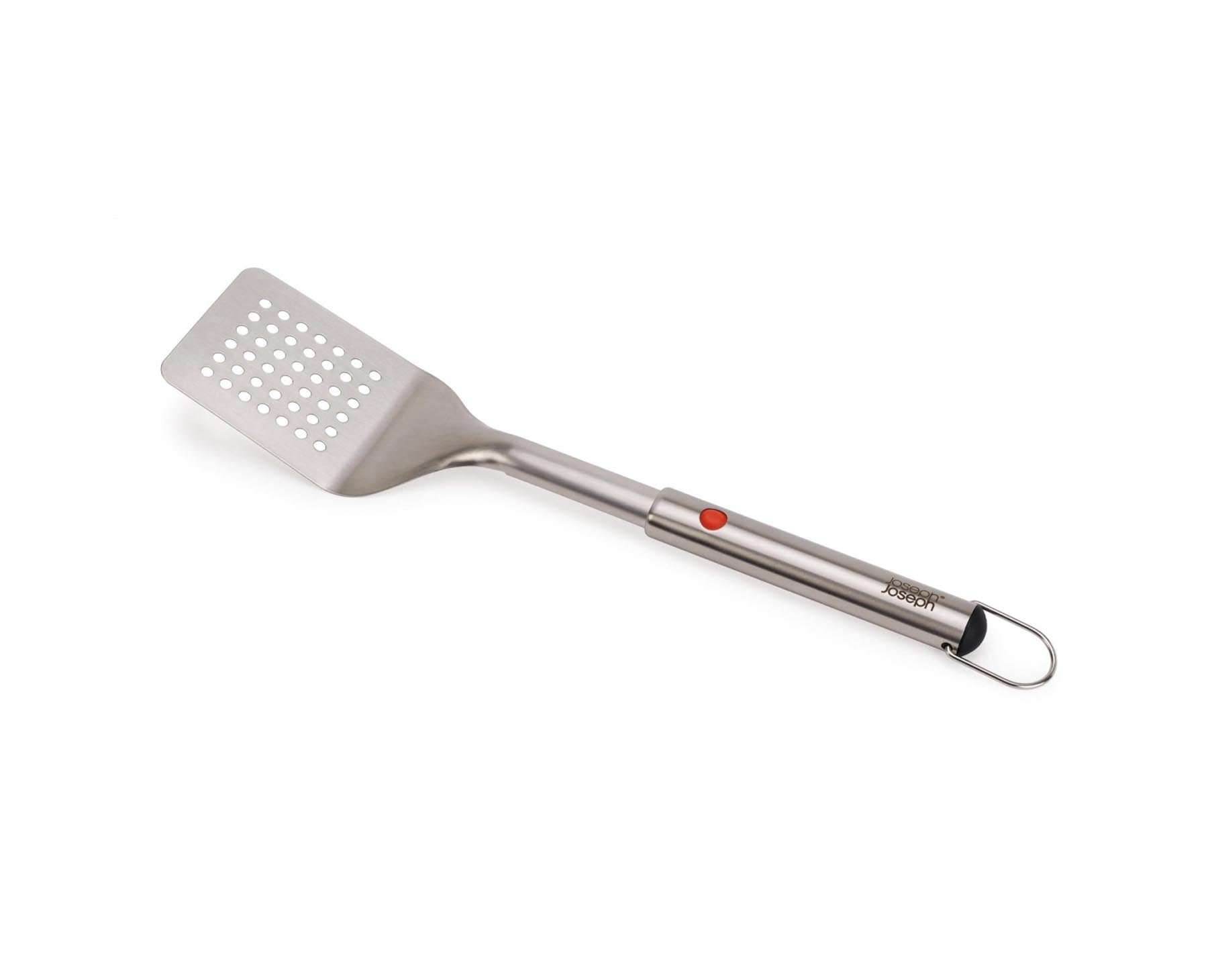 Praktischer Grillwender aus Edelstahl mit einem einziehbaren Kopf, ideal für präzises Wenden und platzsparende Aufbewahrung.