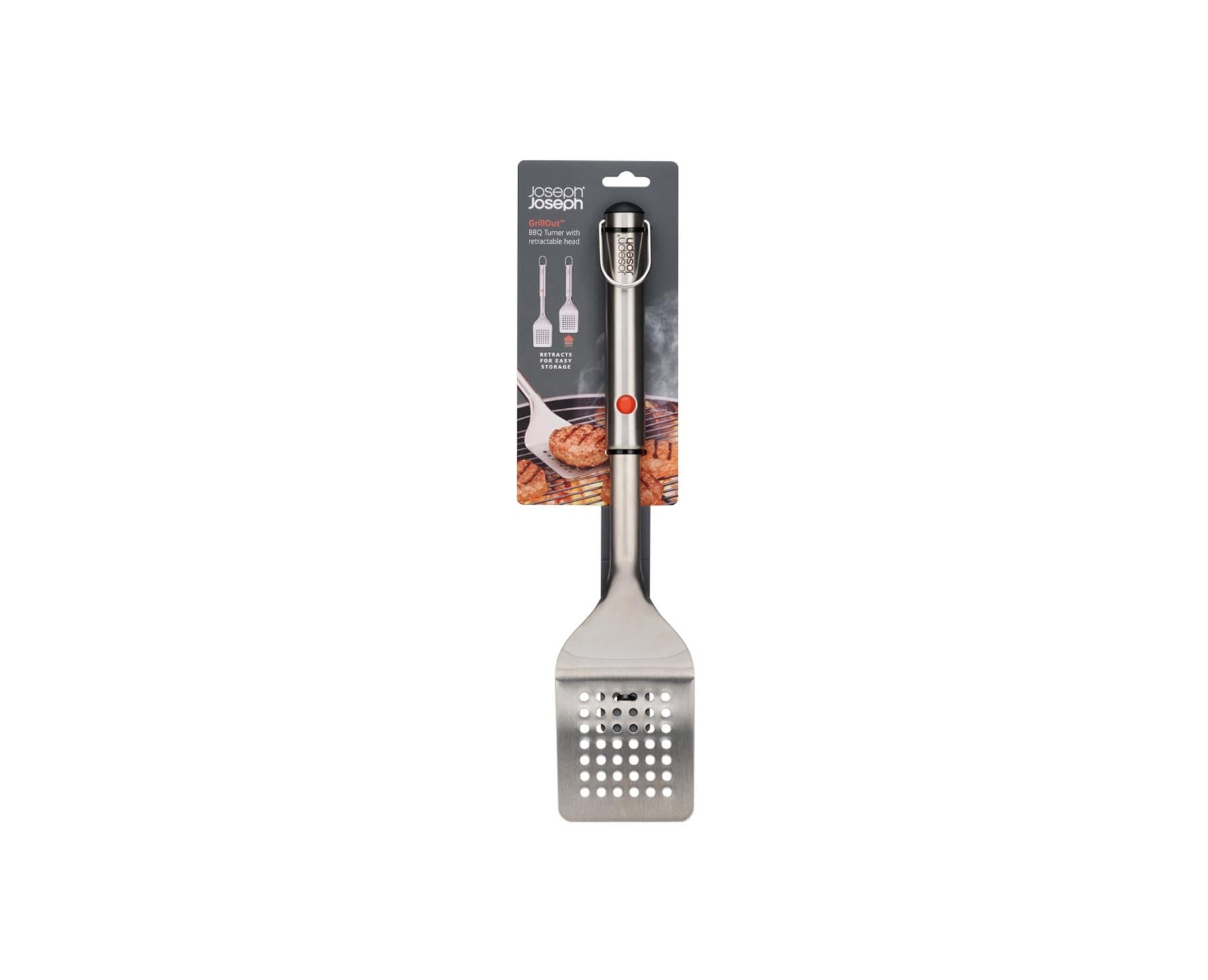 Praktischer Grillwender aus Edelstahl mit einziehbarem Kopf, ideal für präzises Wenden von Grillgut und platzsparende Aufbewahrung.