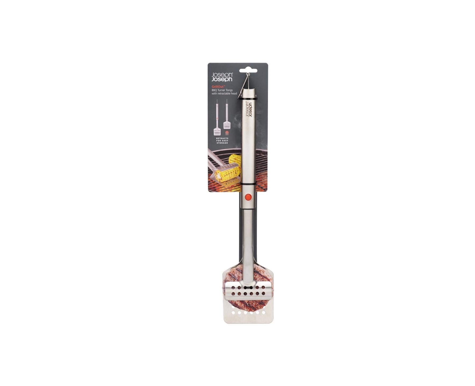 Praktischer GrillWender von Joseph Joseph mit flexiblem, einziehbarem Kopf und integrierter Zange, ideal für Grillliebhaber und BBQ-Fans.