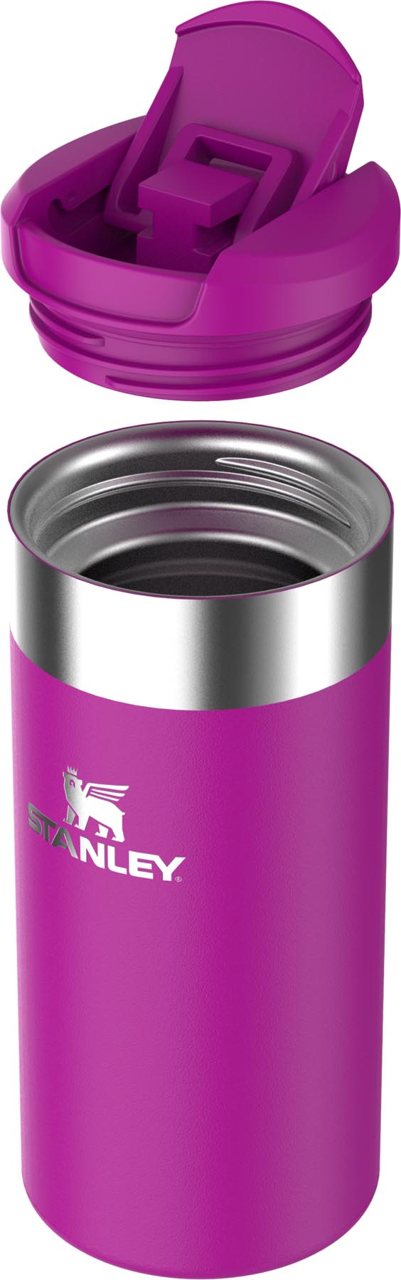 Stylische violette Thermosflasche von Stanley, ideal für unterwegs. Der AeroLight Transit Mug 0.35l vereint Funktionalität und modernes Design.