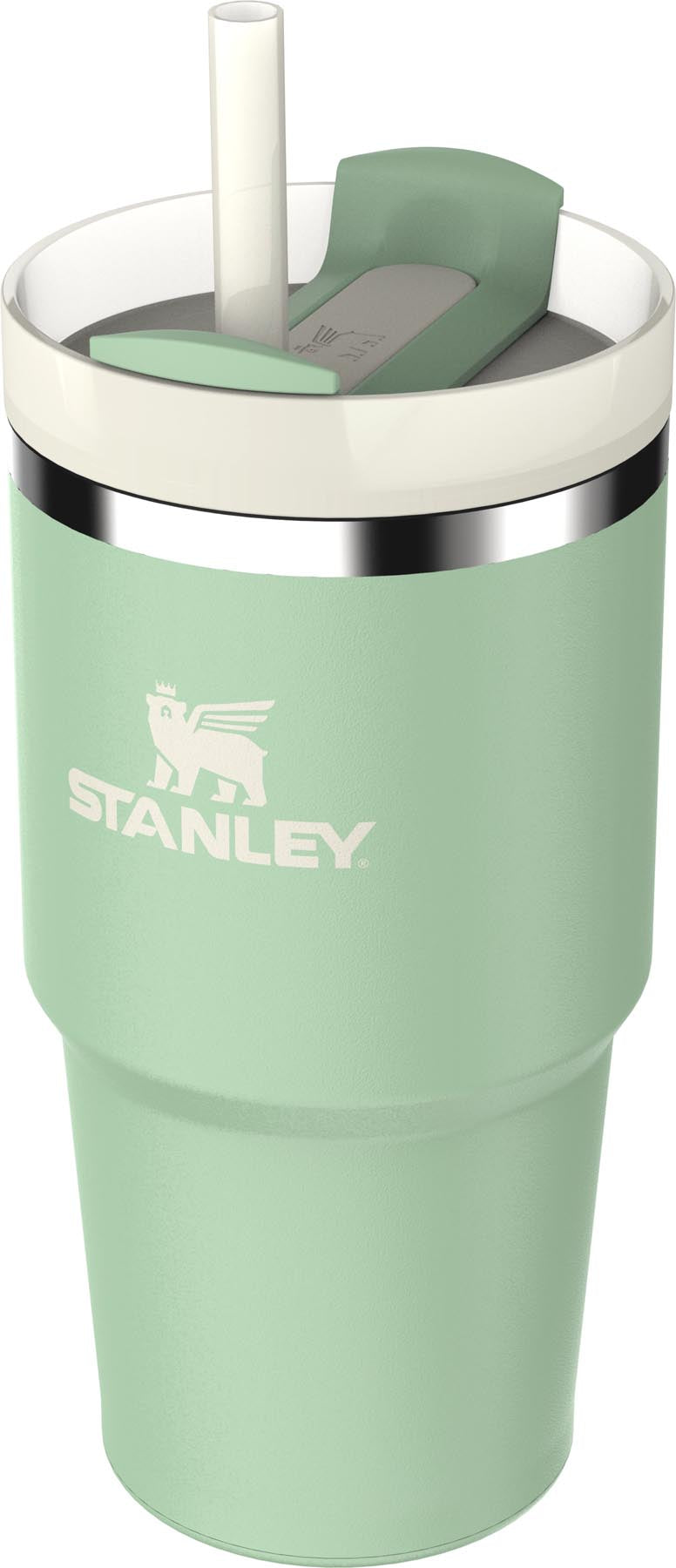 Stylische Thermosflasche Quencher FlowState 0.6l in Pistaziengrün von Stanley, ideal für kalte und heiße Getränke unterwegs.