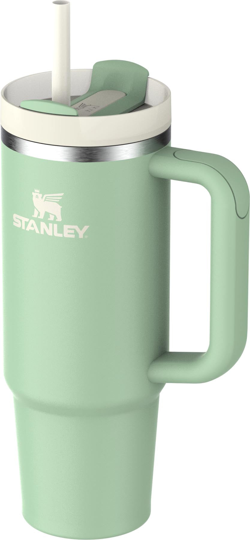 Stylische Thermosflasche Quencher FlowState 0.89l in Pistaziengrün von Stanley, ideal für kalte und heiße Getränke unterwegs.