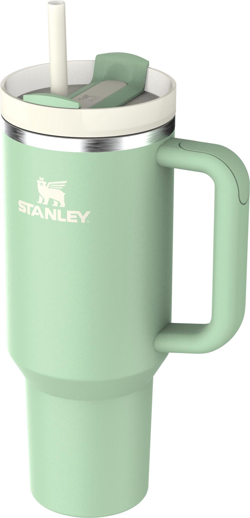 Stylische Thermosflasche Quencher FlowState 1.18l in Pistaziengrün von Stanley, ideal für kalte und heiße Getränke unterwegs.