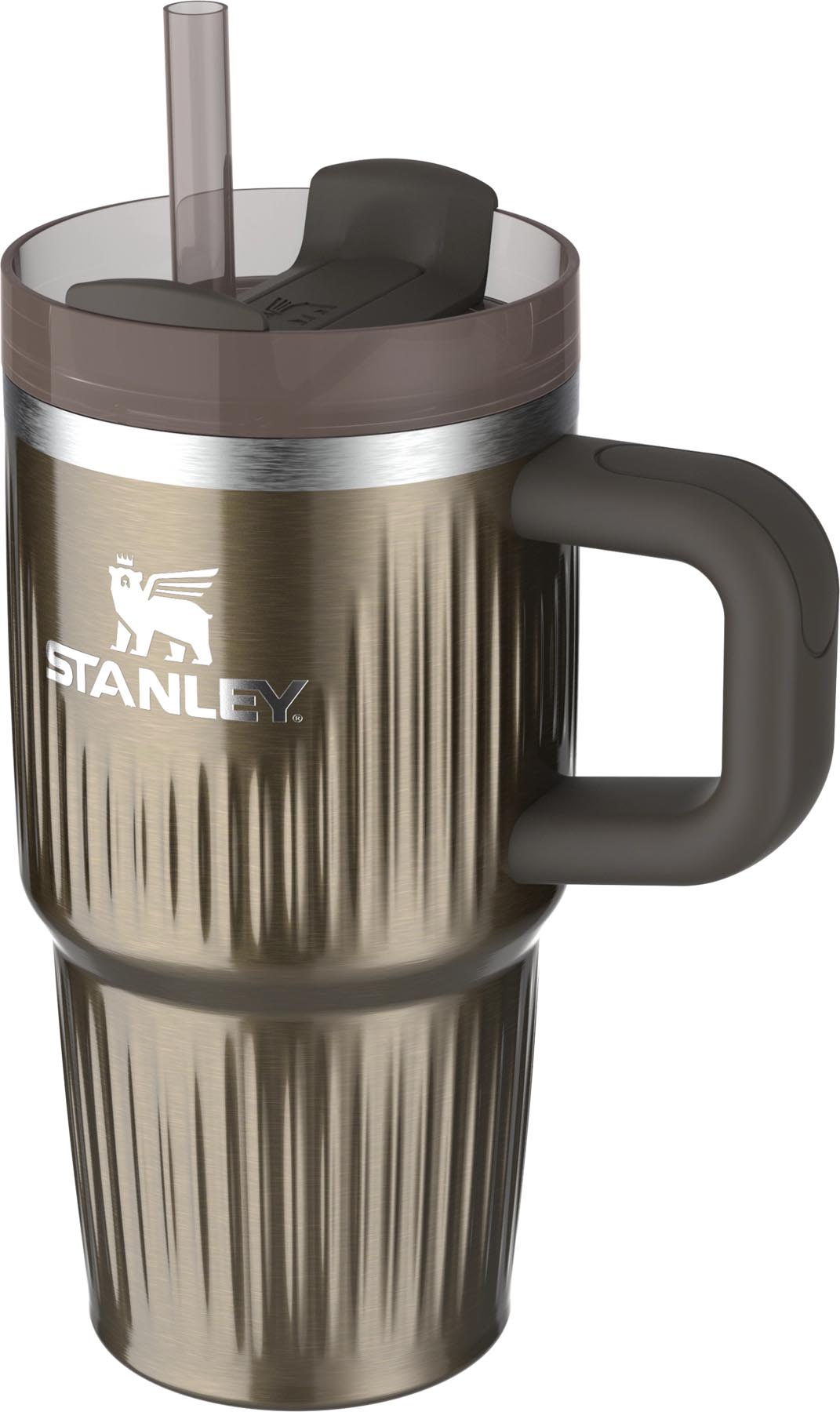 Elegante Stanley Thermosflasche Quencher Fluted 0.6l in schimmerndem Gunmetal-Grau, ideal für unterwegs und stilvolles Trinken.