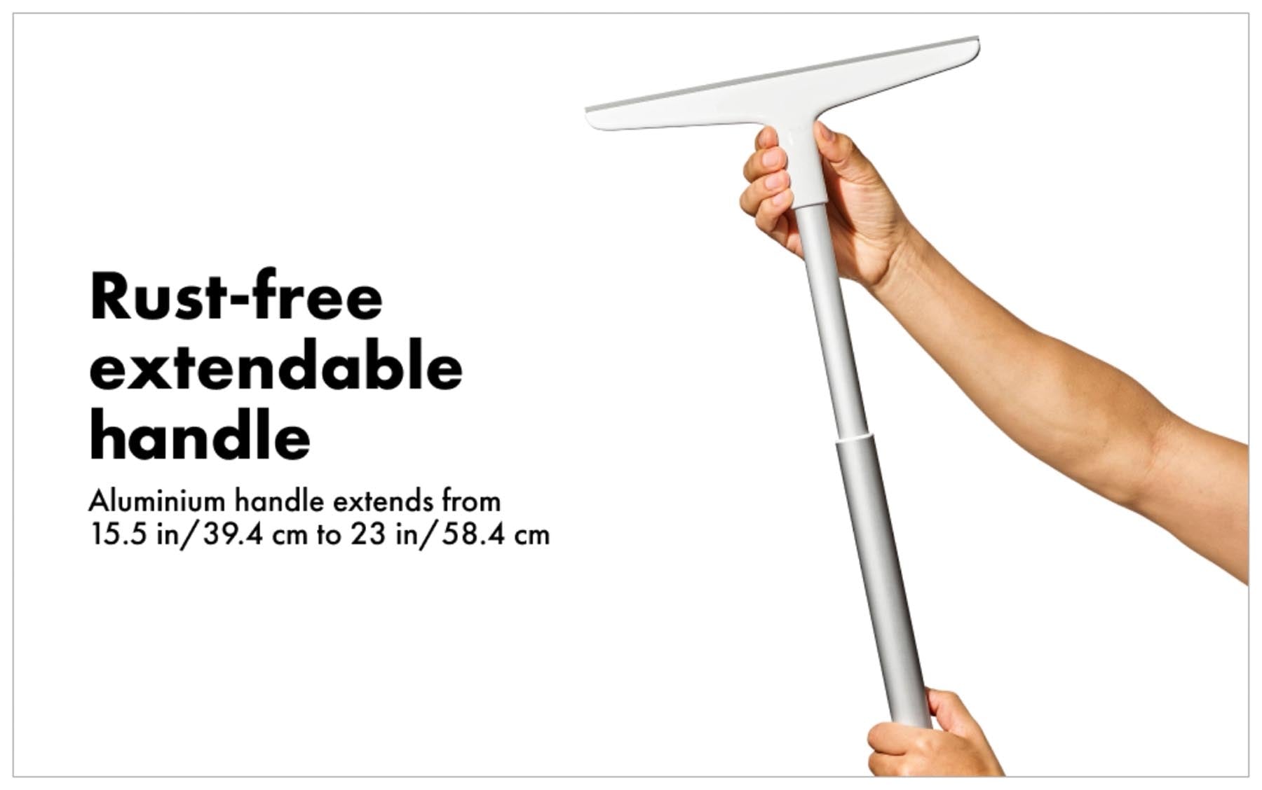 Praktischer GG Abzieher aus Aluminium, ausziehbar von 100 bis 150 cm, ideal für die Reinigung von Duschflächen und Fenstern.