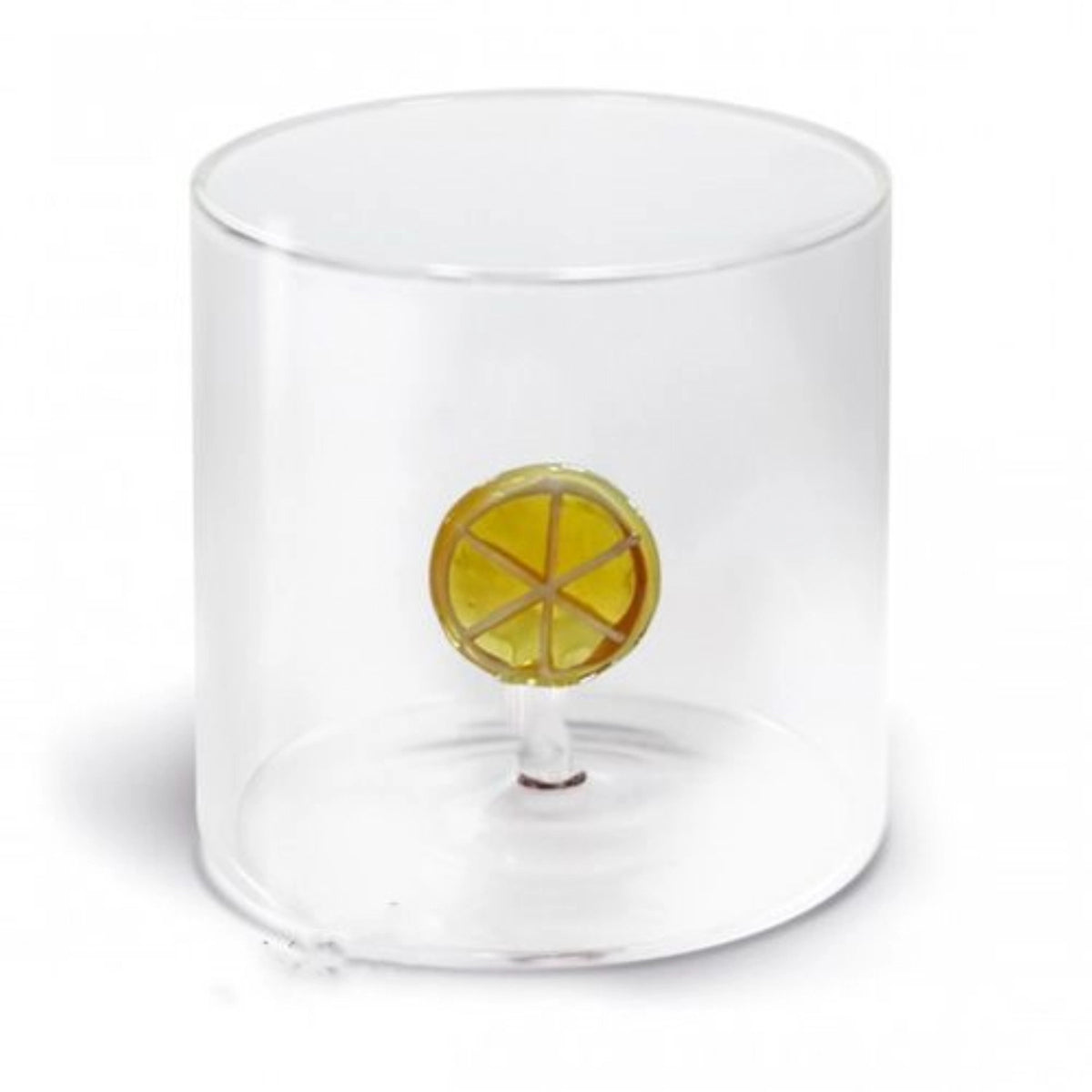 Orangefarbenes Trinkglas aus Borosilikatglas von Easy Life, Grösse 8x8x8cm, auf neutralem Hintergrund fotografiert, mit glatter Oberfläche.