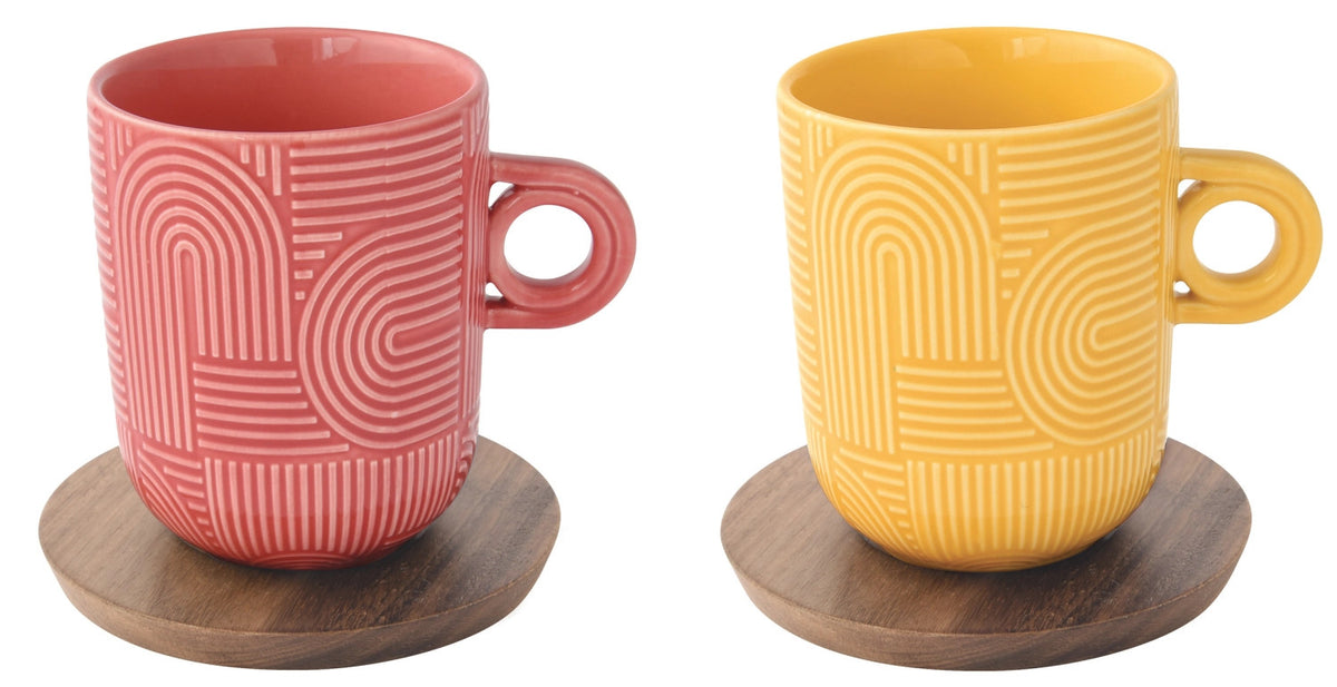 2er Set Take a Loop Kaffeetasse 350ml mit Akazienuntersetzer in Mehrfarbig präsentiert im Onlineshop von KAQTU Design AG. Tasse ist von Easy Life