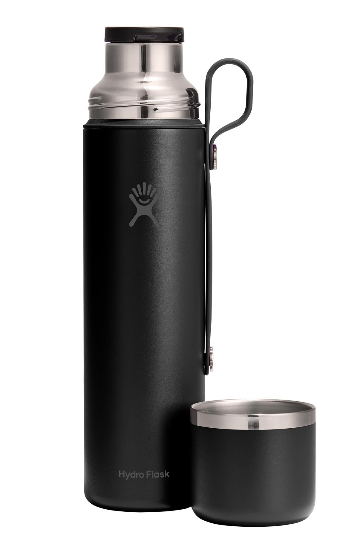 Schwarze Thermosflasche Hot Flask & Cup von Hydro Flask mit 1065ml Fassungsvermögen, ideal für heiße Getränke unterwegs.