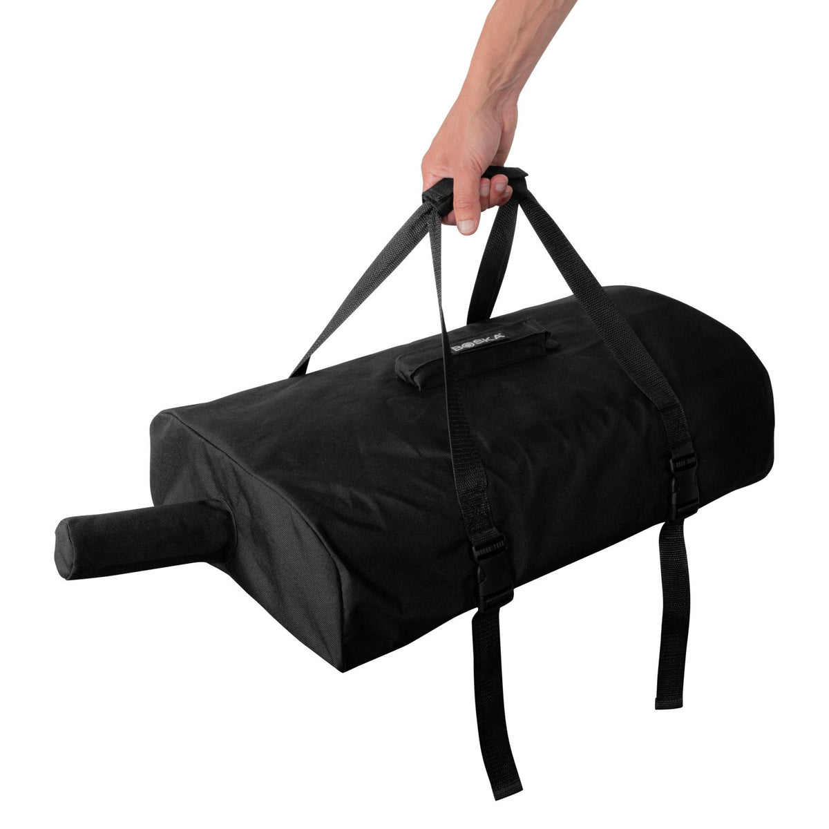 Schwarzer Pizzaofen für Pellets von Boska mit offener Feuertasse und Brennkammer, Grösse 69.9x36 cm, Höhe 72.5 cm.