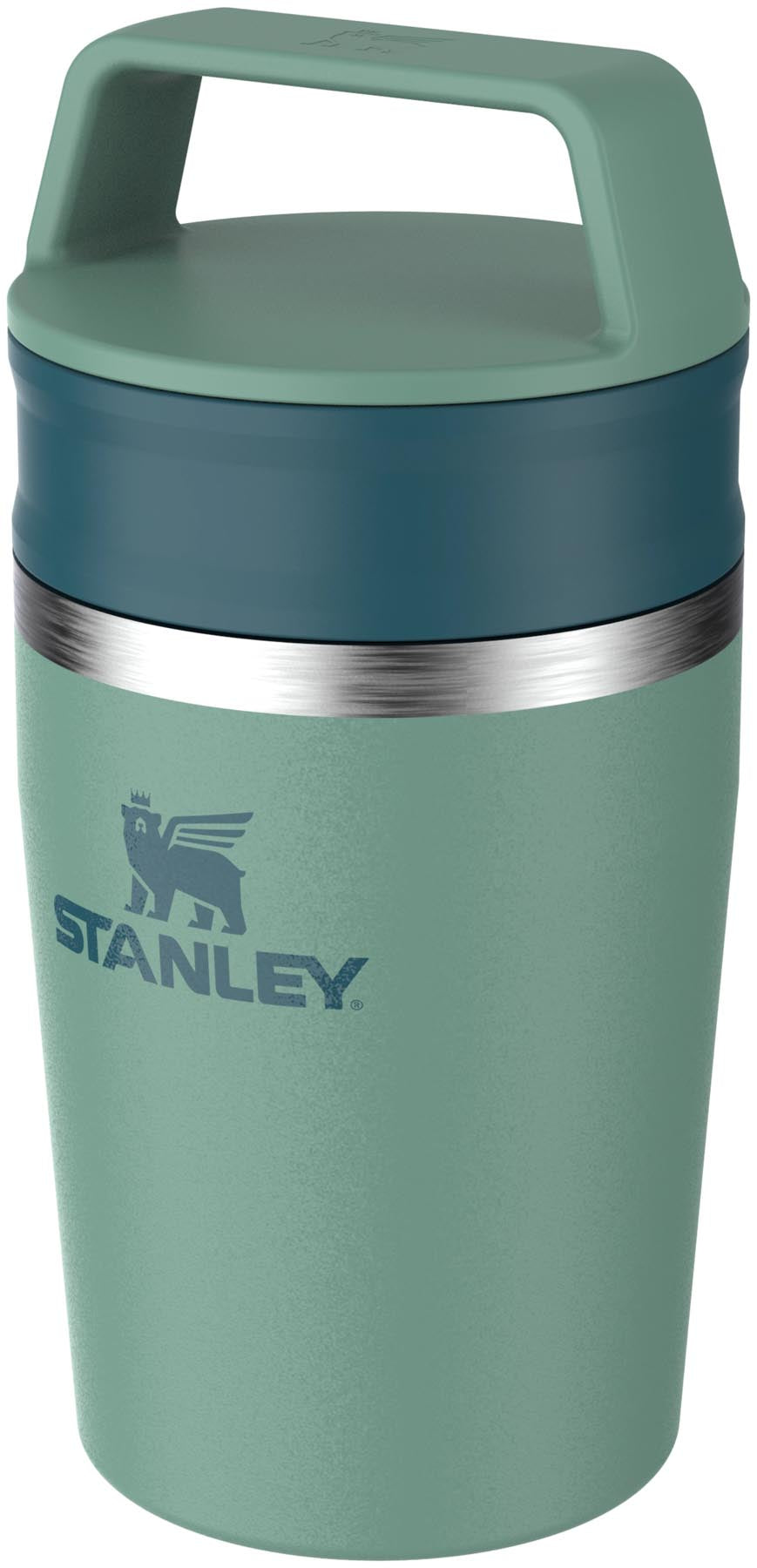 Praktischer und eleganter Reisebecher in lebhaftem Frühlingsgrün von Stanley, ideal für Kaffee und Tee unterwegs.