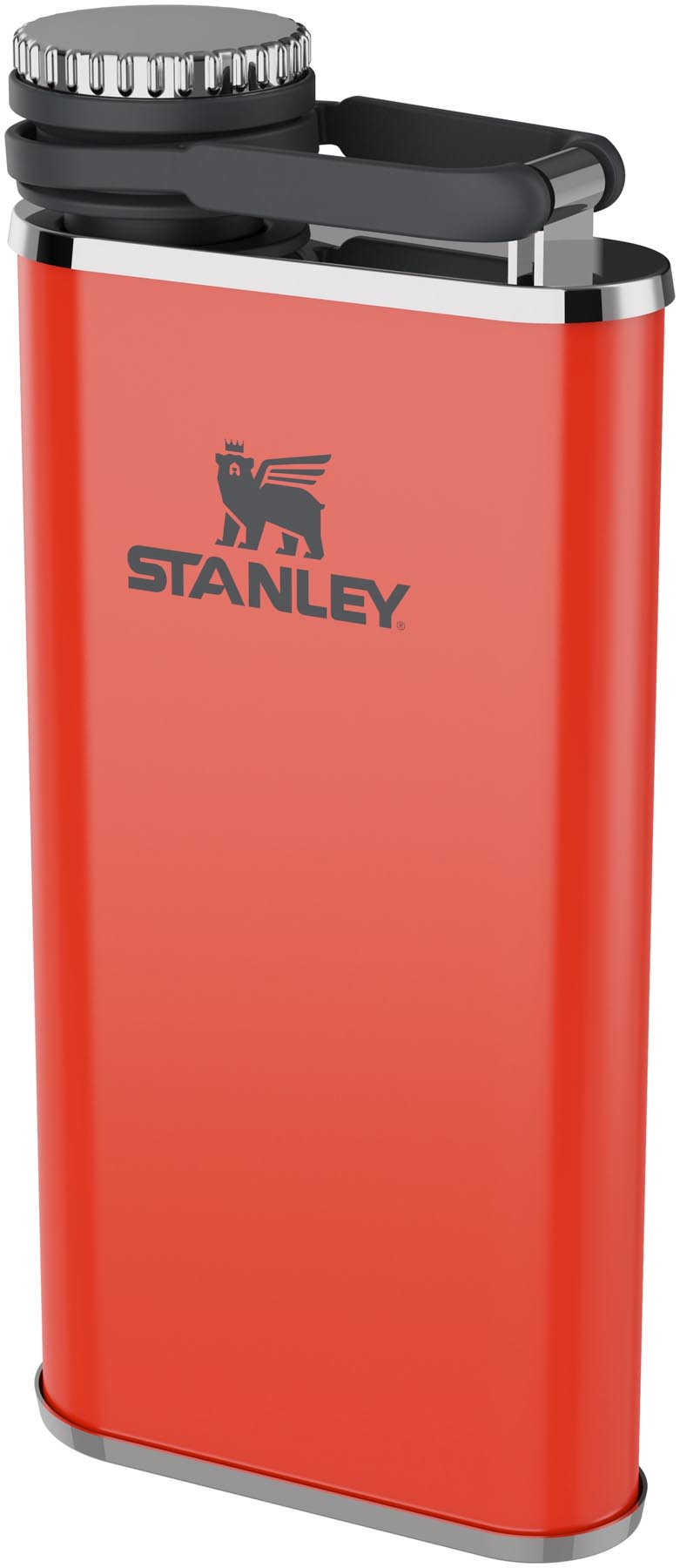 Praktische und auffällige Stanley Thermosflasche in leuchtendem Blaze Orange, perfekt für Outdoor-Aktivitäten und leicht zu befüllen.