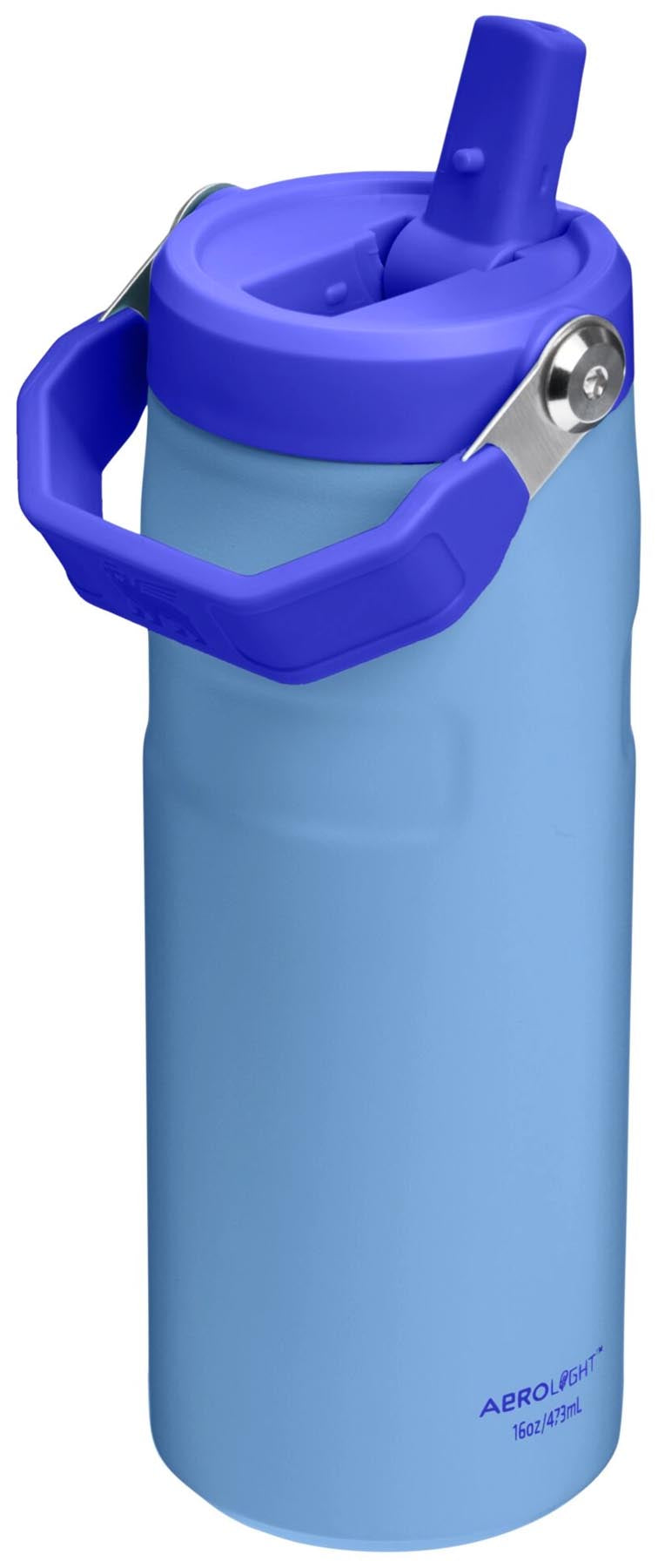 Stylische Stanley Thermosflasche in Himmelblau mit Flip-Strohhalm, ideal für unterwegs und perfekt für kalte Getränke.