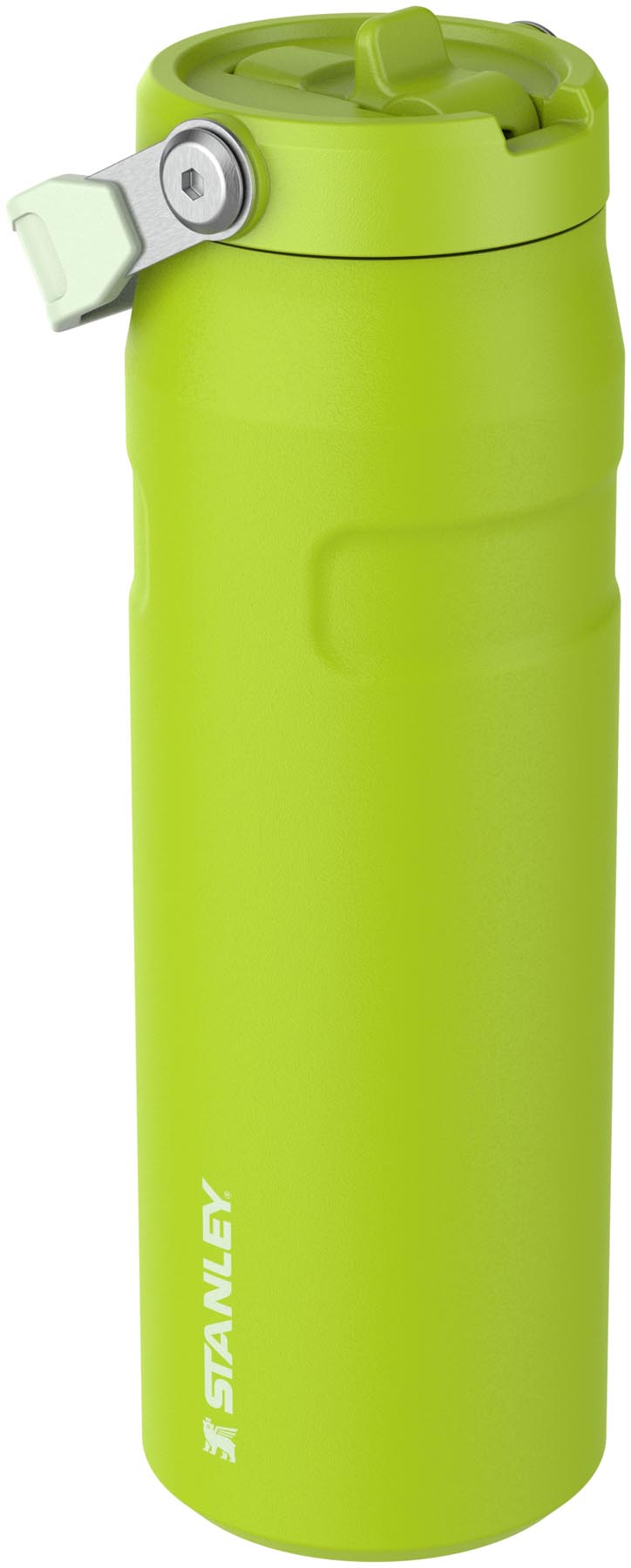 Moderne Stanley Thermosflasche in leuchtendem Chartreuse, ausgestattet mit praktischem Flip Straw für erfrischende Getränke unterwegs.