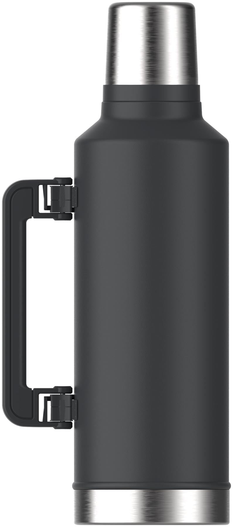 Schwarze Stanley Legendary Classic Flasche 2.3l, ideal für heiße und kalte Getränke, robustes Design für Abenteuer und Alltag.