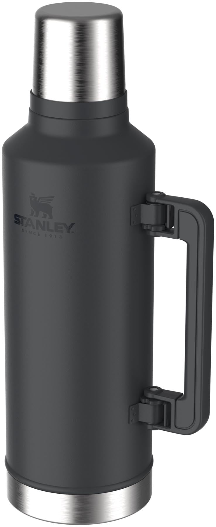 Elegante schwarze Stanley Thermosflasche mit 2,3 l Fassungsvermögen, perfekt für Outdoor-Aktivitäten und den täglichen Gebrauch.