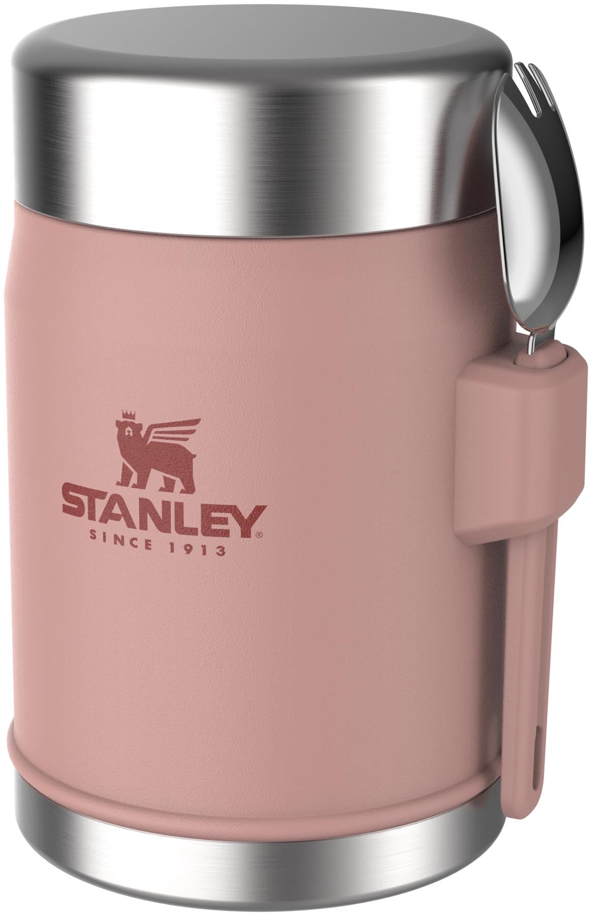 Eleganter Stanley Food Jar in Peach Rose mit praktischem Spork, ideal für Mahlzeiten unterwegs. Hält Speisen warm oder kalt.