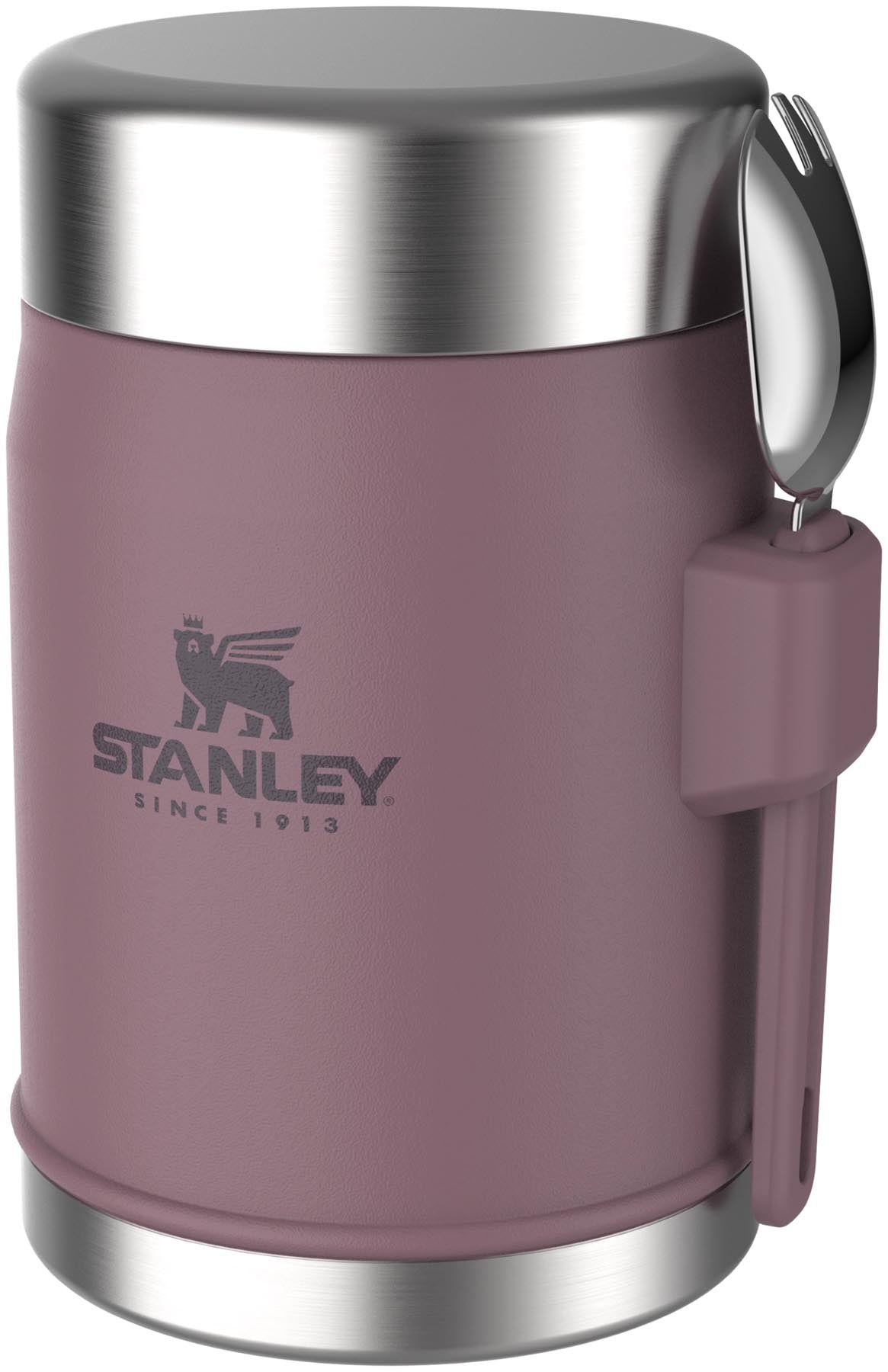Stylischer lila Stanley Food Jar mit integriertem Spork, ideal für Mahlzeiten unterwegs. Hält Speisen warm oder kalt, 0.4l Volumen.