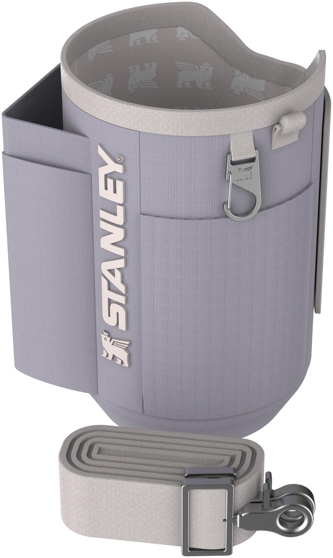 Stylische lila Stanley Thermosflasche All-Day Quencher Carry-All 1.18l, ideal für unterwegs, hält Getränke lange kühl oder warm.
