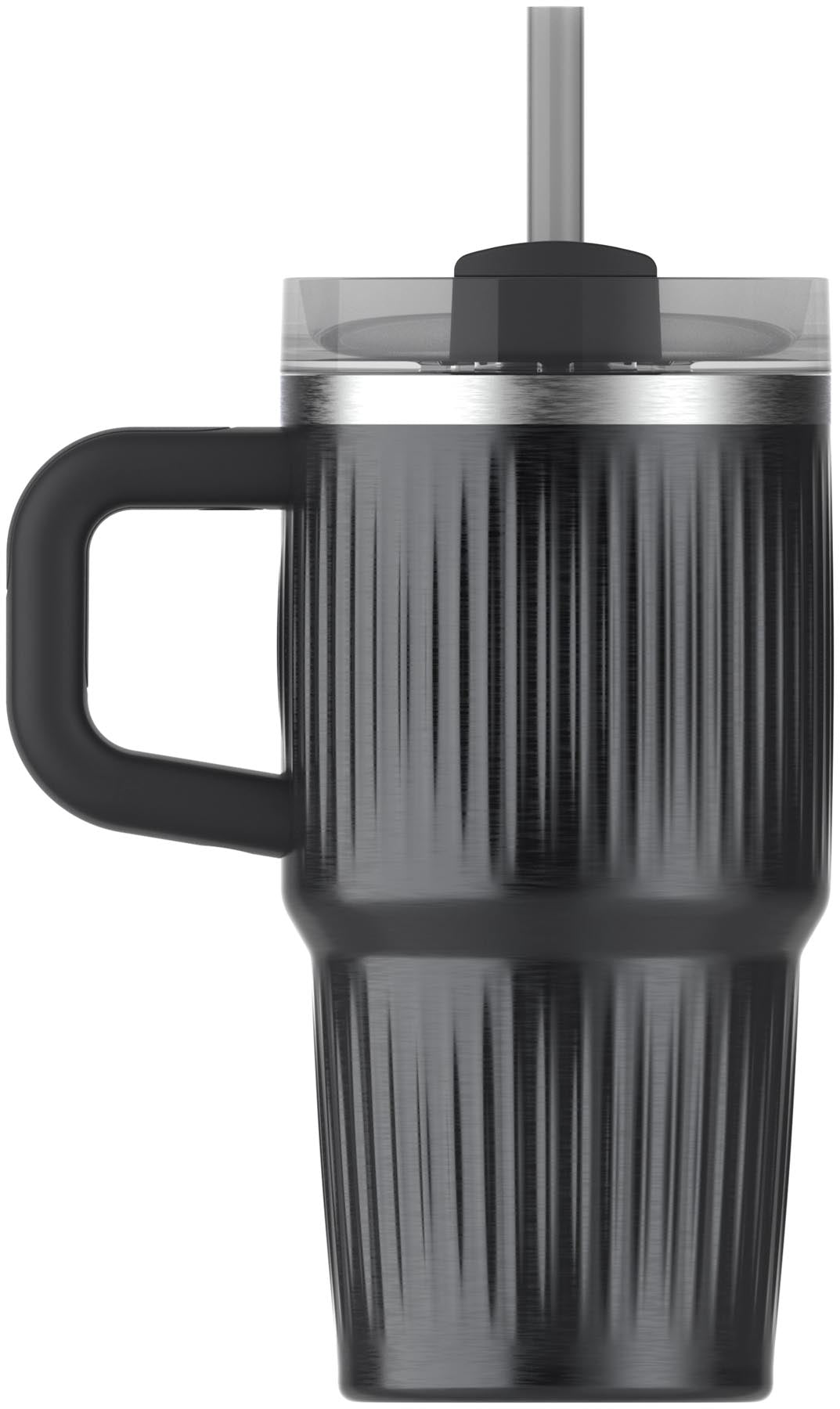 Elegante schwarze Thermosflasche Quencher Fluted 0.59l von Stanley, ideal für kalte und heiße Getränke, stilvolles Design mit PVD-Beschichtung.