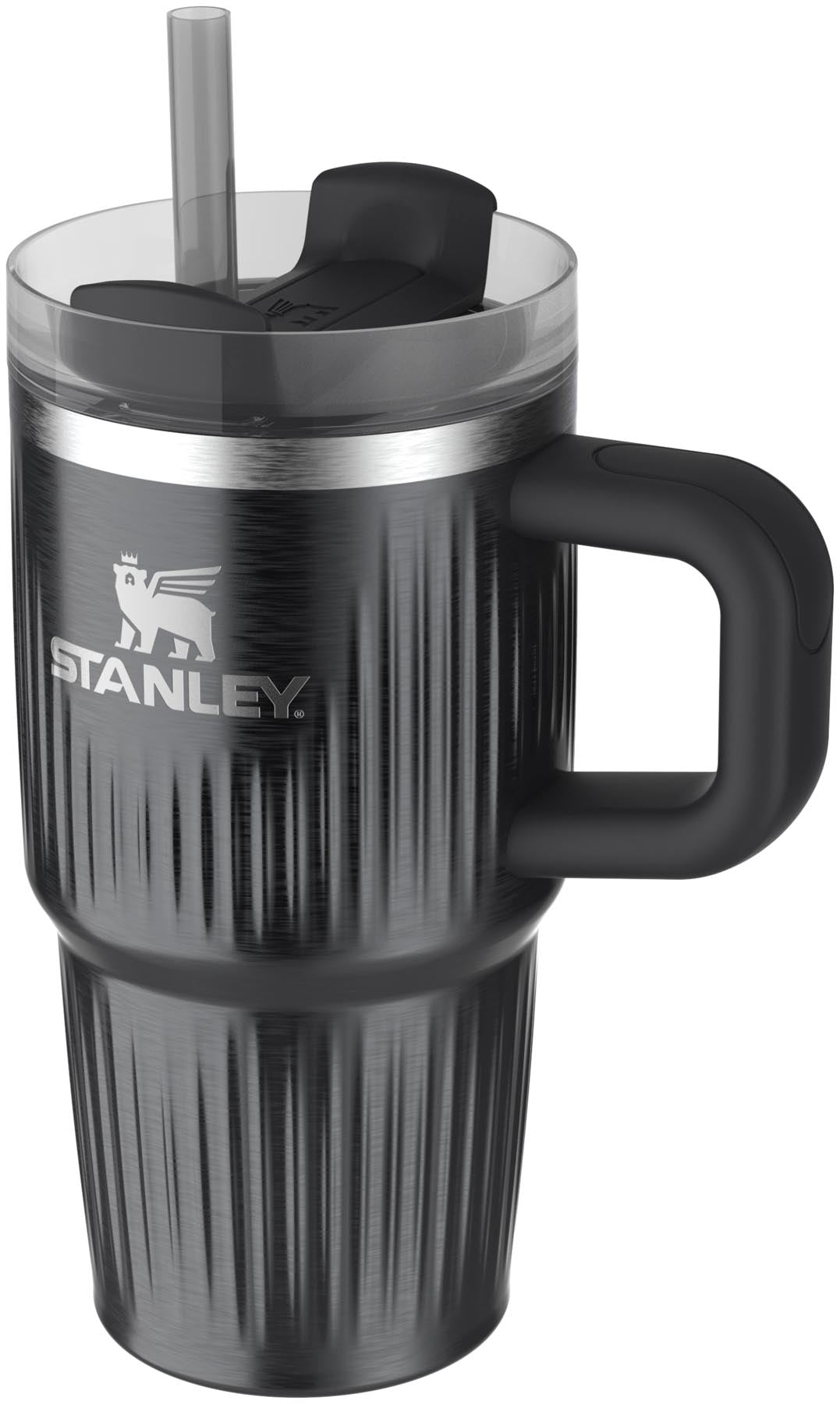 Schwarze Stanley Quencher Fluted Thermosflasche mit 0,59 l Fassungsvermögen, perfekt für unterwegs, bietet hervorragende Isolierung und modernes Design.