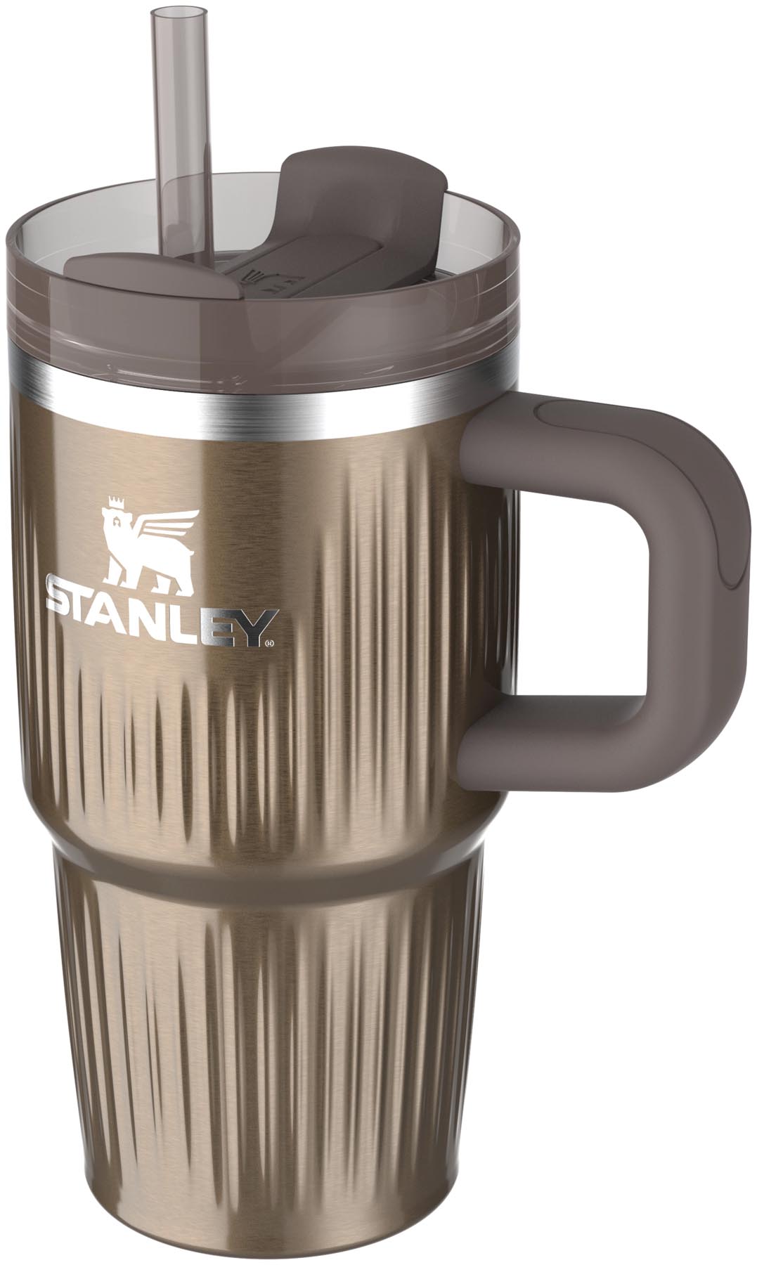 Elegante Thermosflasche Quencher Fluted 0.59l in schimmerndem Gold, ideal für kalte und heiße Getränke, von Stanley.