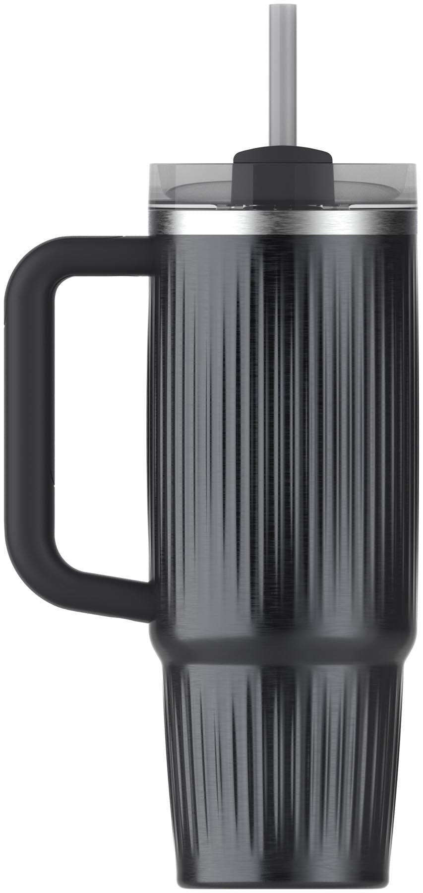 Elegante schwarze Thermosflasche Quencher Fluted 0.89l von Stanley, ideal für kalte und heiße Getränke, stilvolles Design für unterwegs.