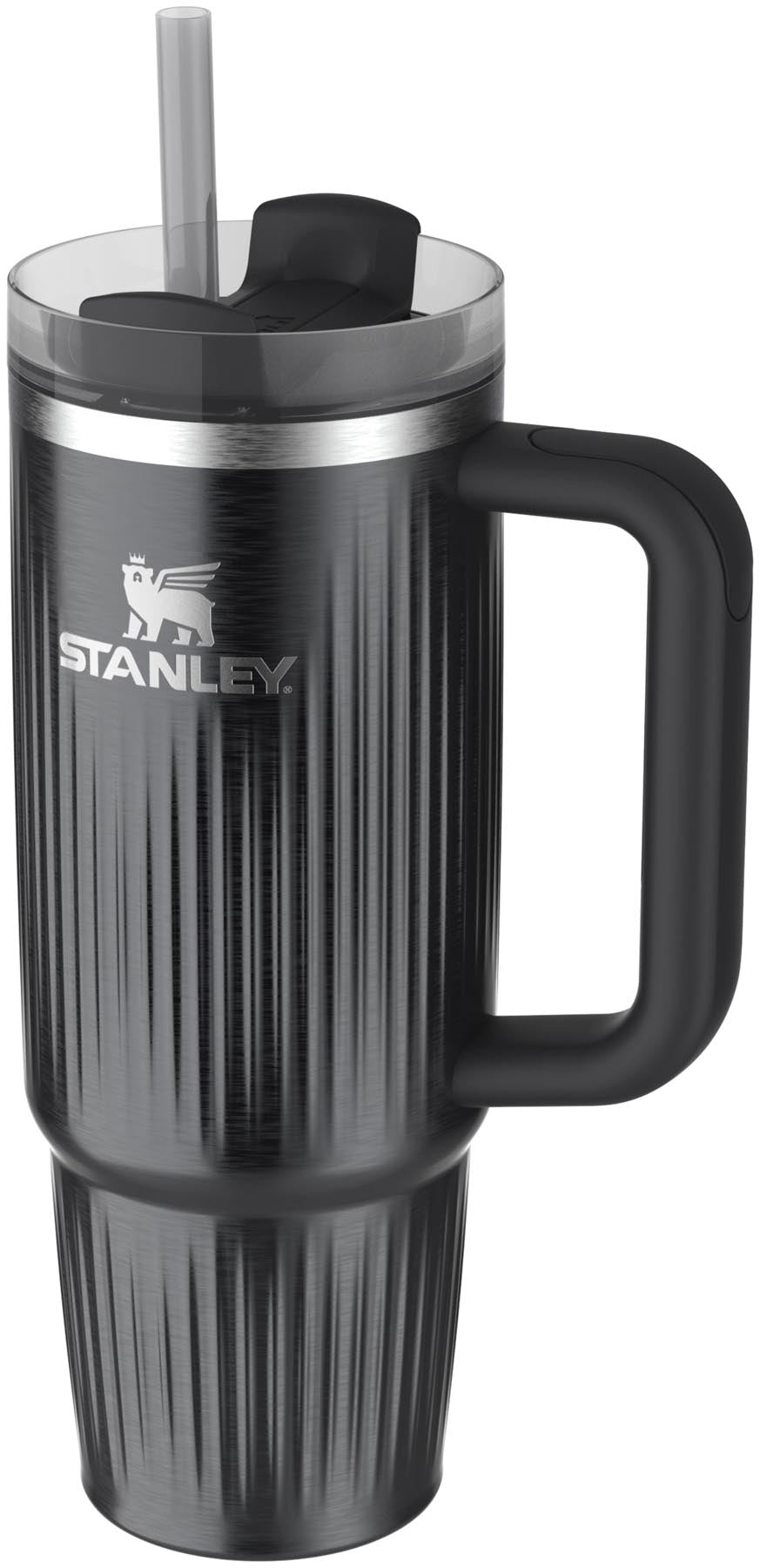 Schwarze PVD-Thermosflasche Quencher Fluted 0.89l von Stanley, perfekt für alle Getränke, robust und modern für den täglichen Gebrauch.