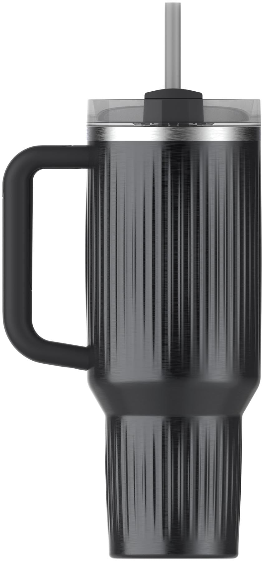 Elegante schwarze Thermosflasche Quencher Fluted 1.18 von Stanley, ideal für kalte und heiße Getränke, stilvolles Design und hohe Funktionalität.