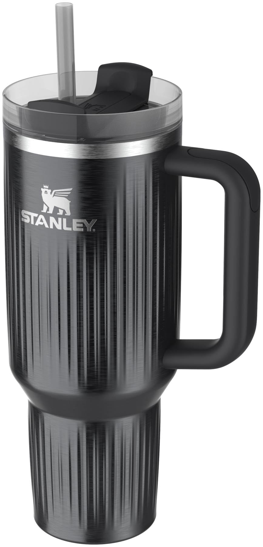 Schwarze Stanley Quencher Fluted 1.18 Thermosflasche mit modernem Design, perfekt für unterwegs und vielseitig einsetzbar.