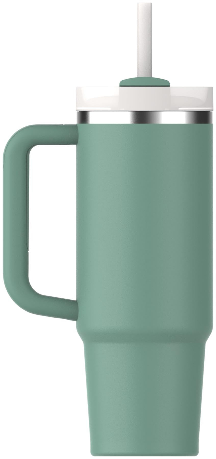 Stylische Thermosflasche Quencher FlowState 0.89l in frischem Frühlingsgrün von Stanley, ideal für unterwegs und umweltfreundlich.