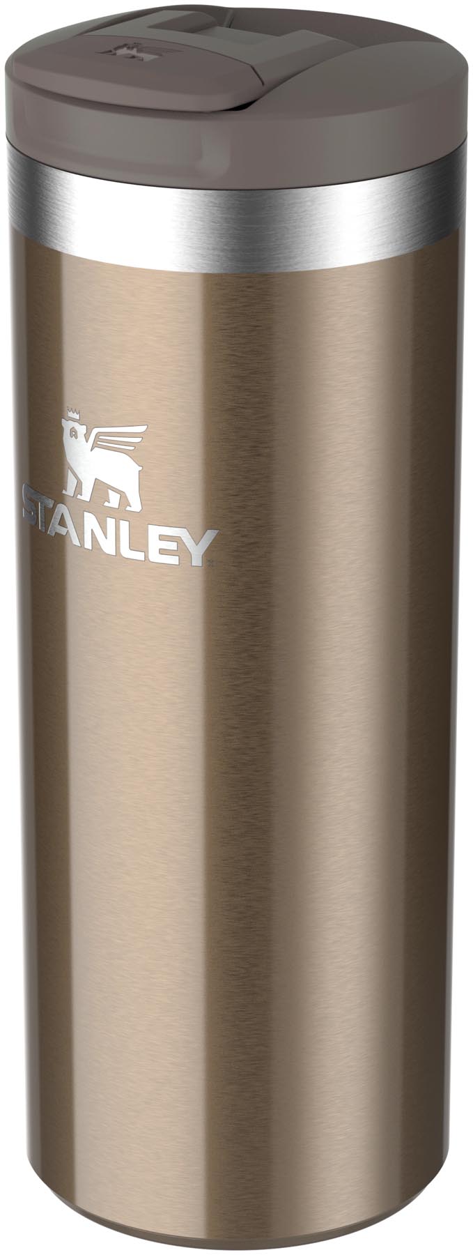 Stylischer Transit Fliptop Becher in glänzendem Gold, perfekt für Reisen. Robuste Stanley Thermosflasche für alle Getränke, heiß oder kalt.