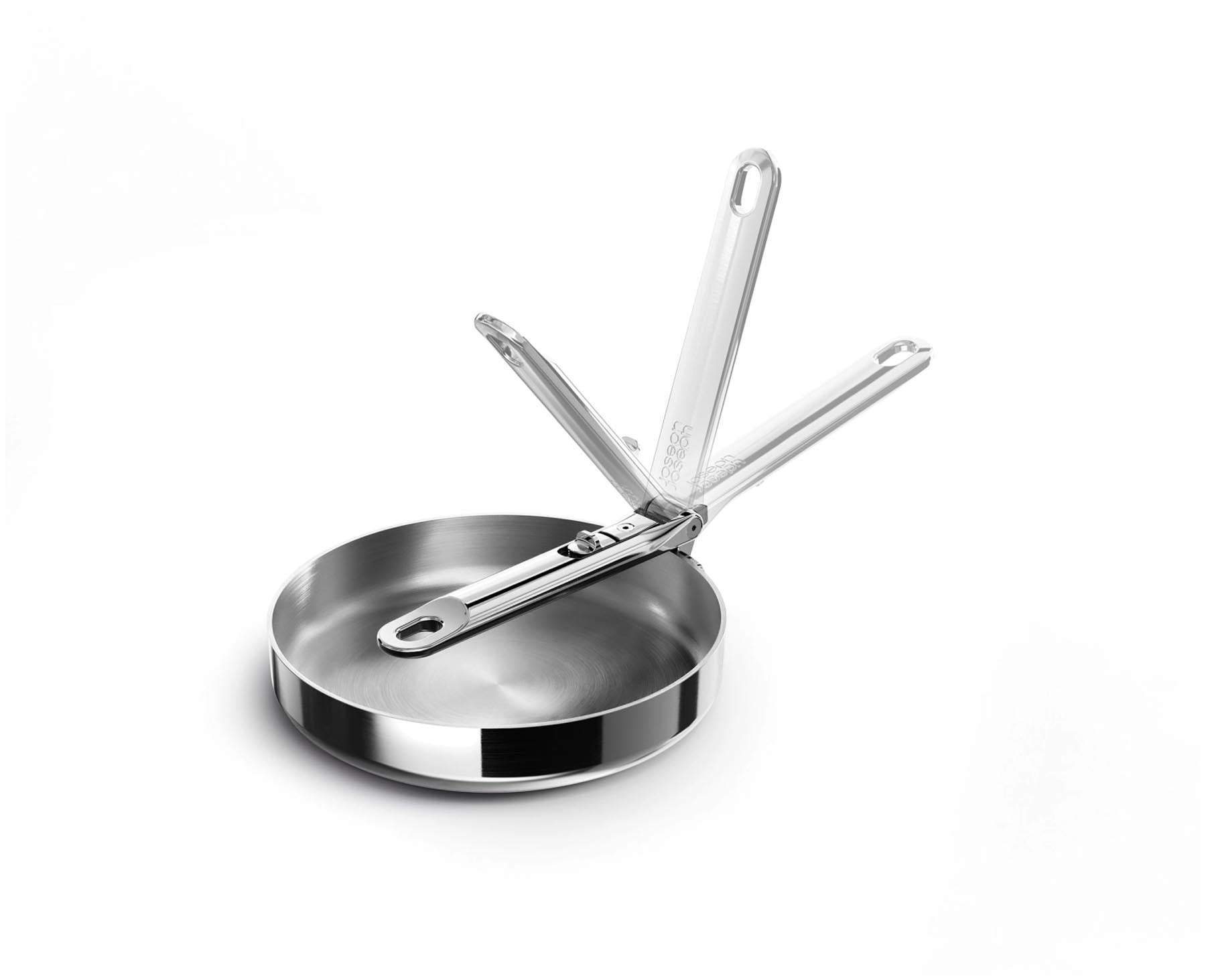Kompakte 20 cm Bratpfanne aus hochwertigem Edelstahl mit innovativem Klappgriff, perfekt für platzsparendes Kochen und stilvolle Küche.