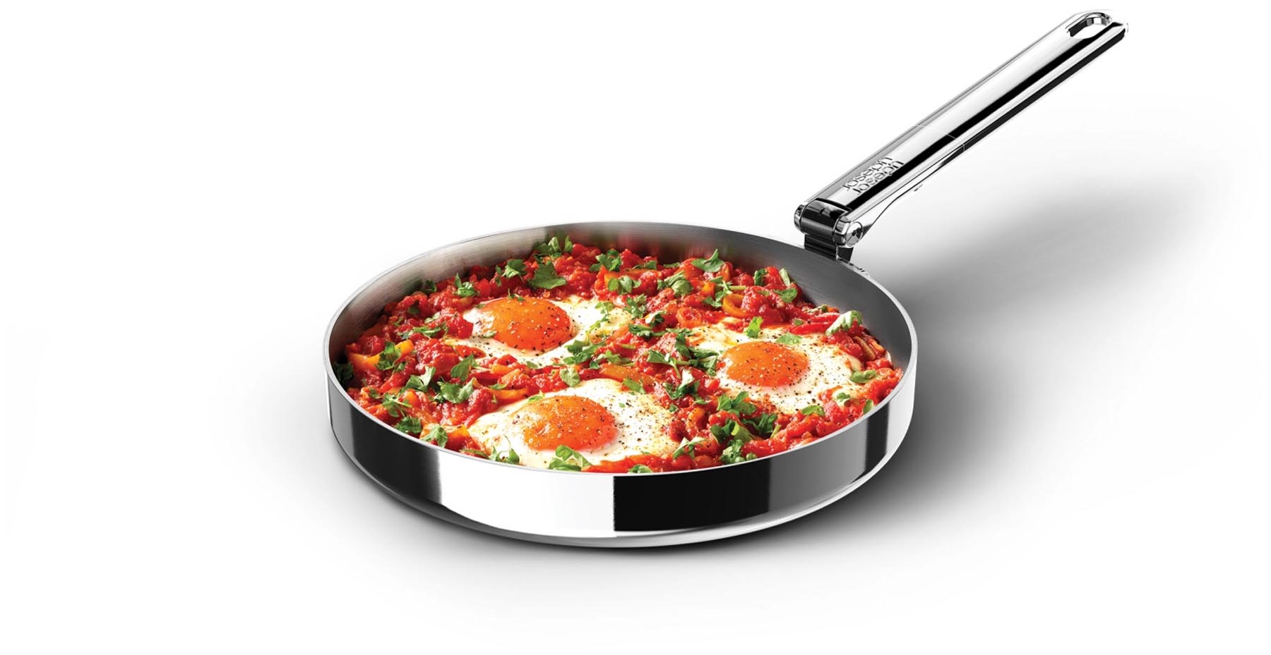Hochwertige 24 cm Bratpfanne aus Edelstahl mit innovativem Klappgriff, perfekt für platzsparendes Verstauen und vielseitige Kochtechniken.