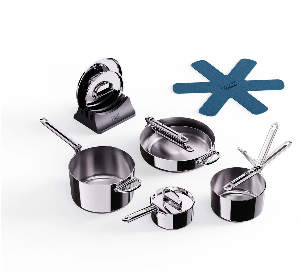 5er Set Space Steel Pfannenset Klappgriff 15+19+23+24+28cm in Silber präsentiert im Onlineshop von KAQTU Design AG. Kochtopfset ist von Joseph Joseph