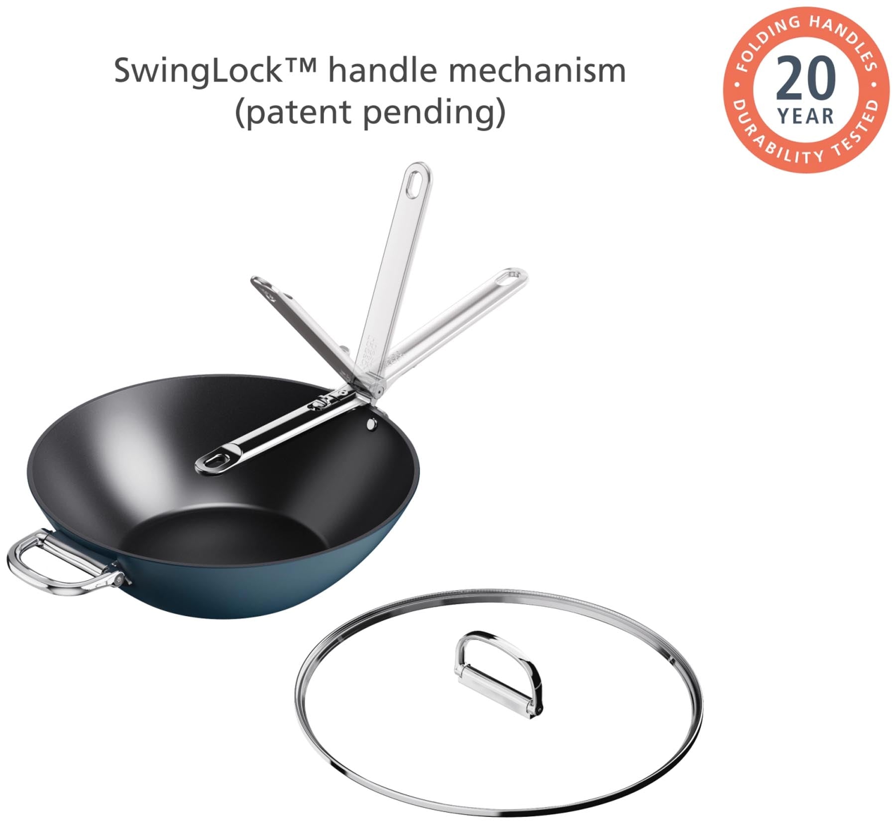 Moderner 32 cm Wok aus hochwertigem Edelstahl, ausgestattet mit einem praktischen Klappgriff und einem antihaftbeschichteten Deckel für müheloses Kochen.