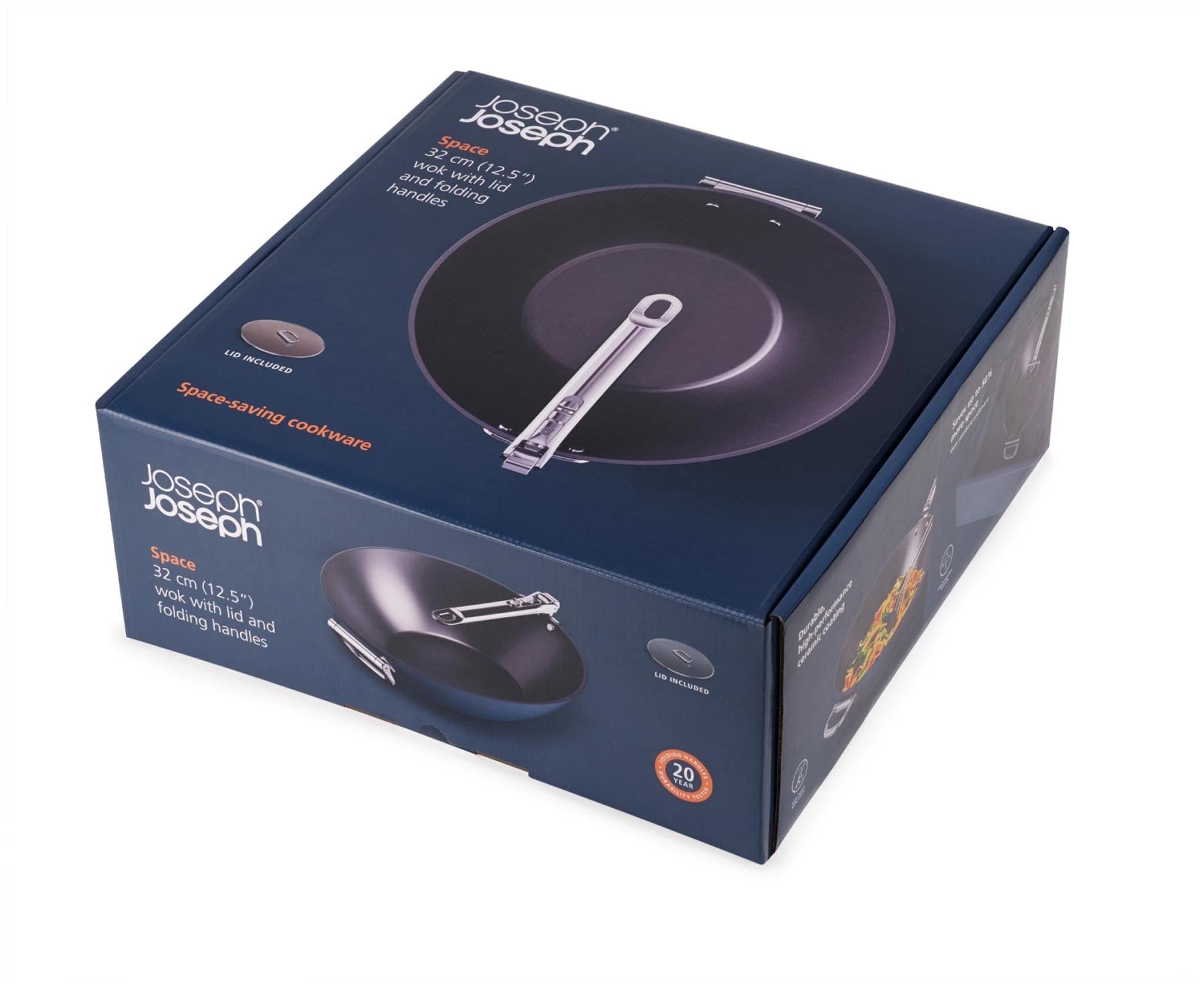Eleganter 32 cm Wok aus Edelstahl von Joseph Joseph, ideal für gesundes Kochen mit klappbarem Griff und antihaftendem Deckel.