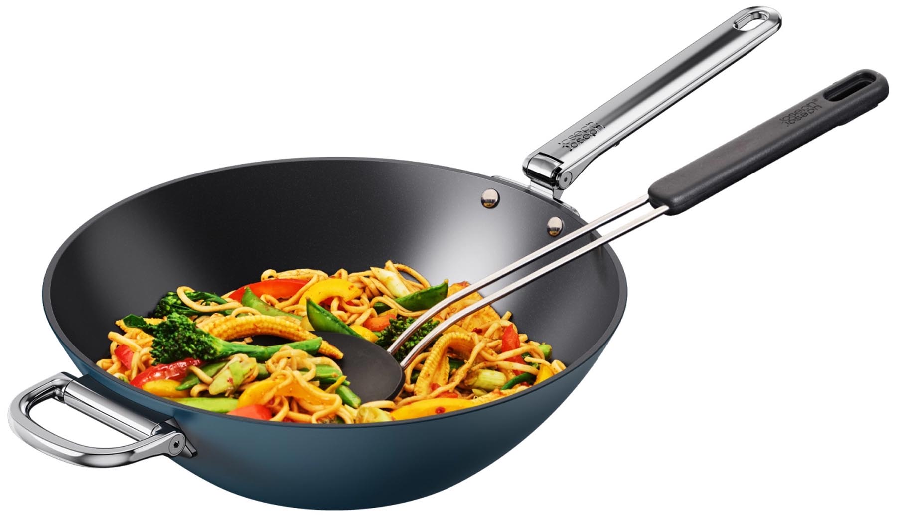 Moderner 32 cm Wok aus hochwertigem Edelstahl von Joseph Joseph, ausgestattet mit praktischem Klappgriff und antihaftbeschichtetem Deckel für vielseitige Kochmöglichkeiten.