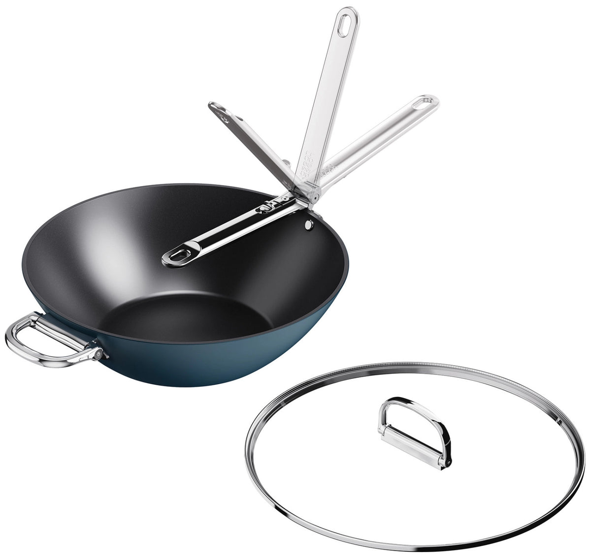 Space Wok D32cm Edelstahl mit Klappgriff und Deckel antihaft in Silber präsentiert im Onlineshop von KAQTU Design AG. Wok Pfanne ist von Joseph Joseph