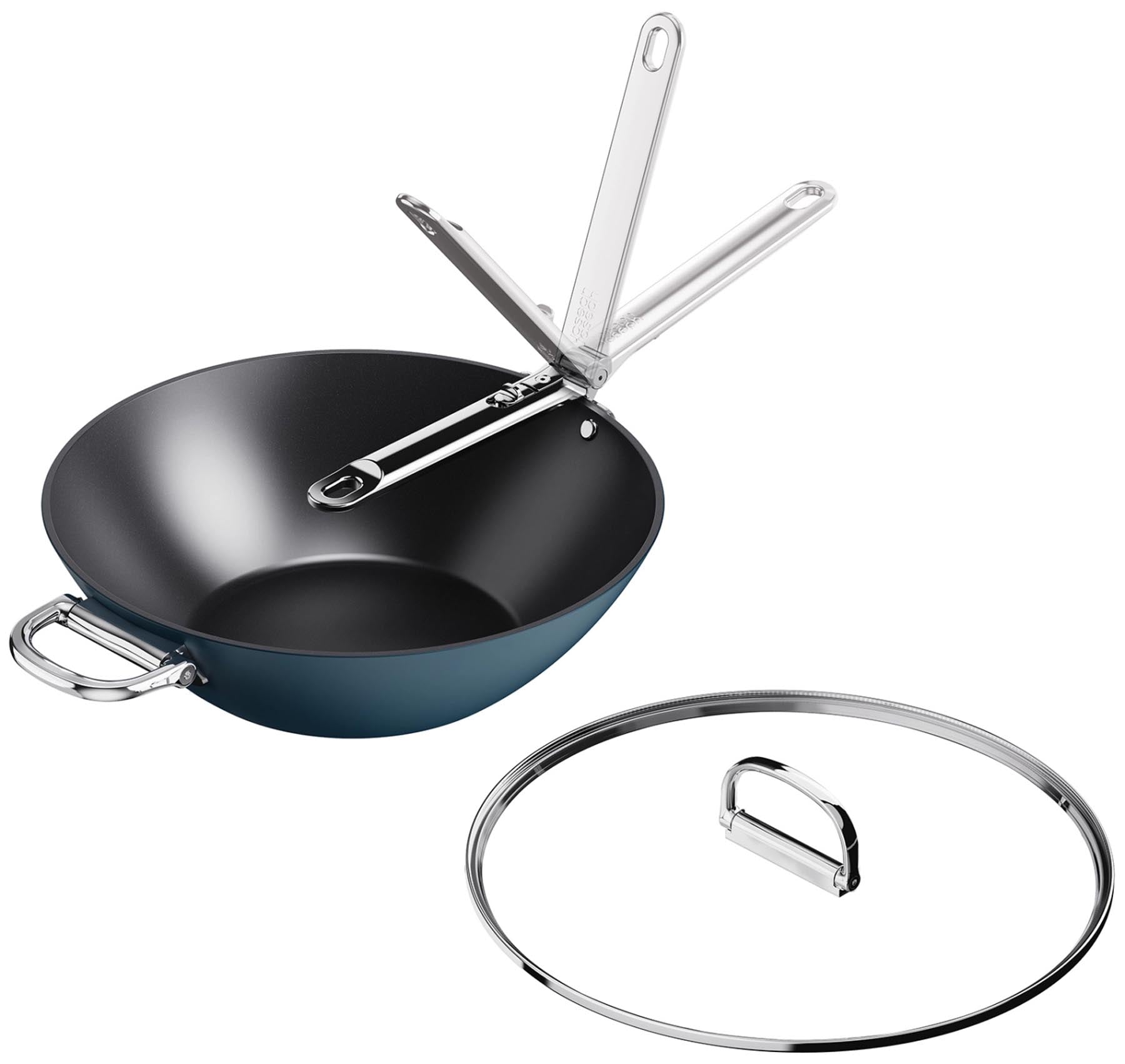 Eleganter 32 cm Wok aus Edelstahl von Joseph Joseph, ideal für gesundes Kochen mit klappbarem Griff und antihaftbeschichtetem Deckel.