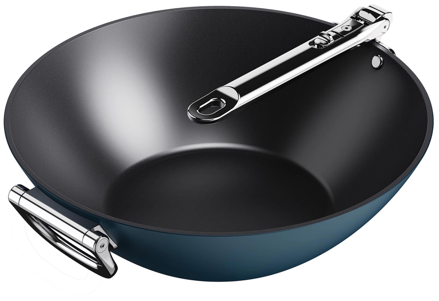 Eleganter 32 cm Wok aus Edelstahl von Joseph Joseph, ideal für gesundes Kochen mit klappbarem Griff und antihaftbeschichtetem Deckel.