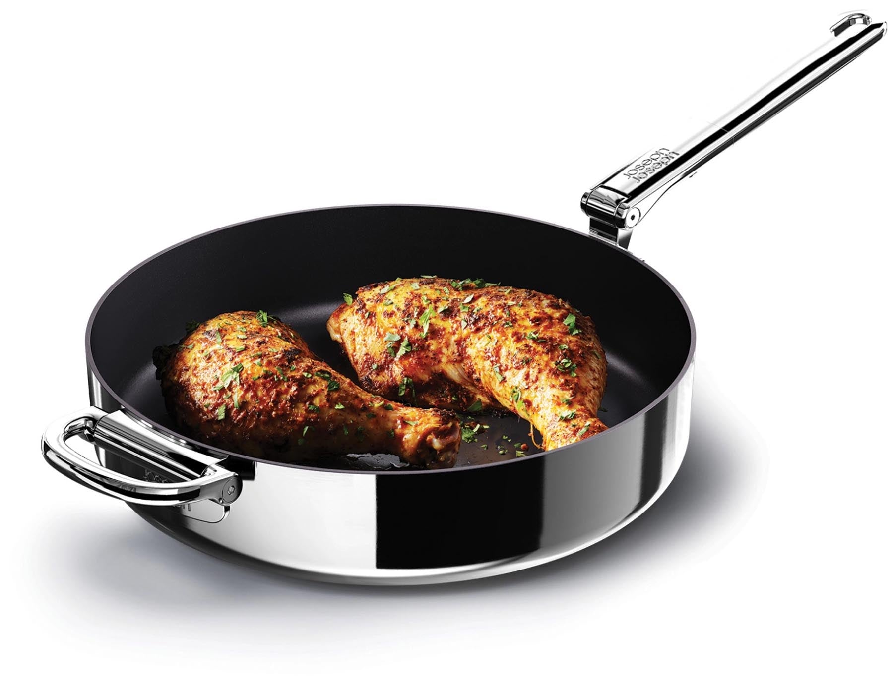 Hochwertige 28 cm Bratpfanne aus Edelstahl mit praktischer Antihaftbeschichtung und klappbarem Griff für einfache Aufbewahrung.