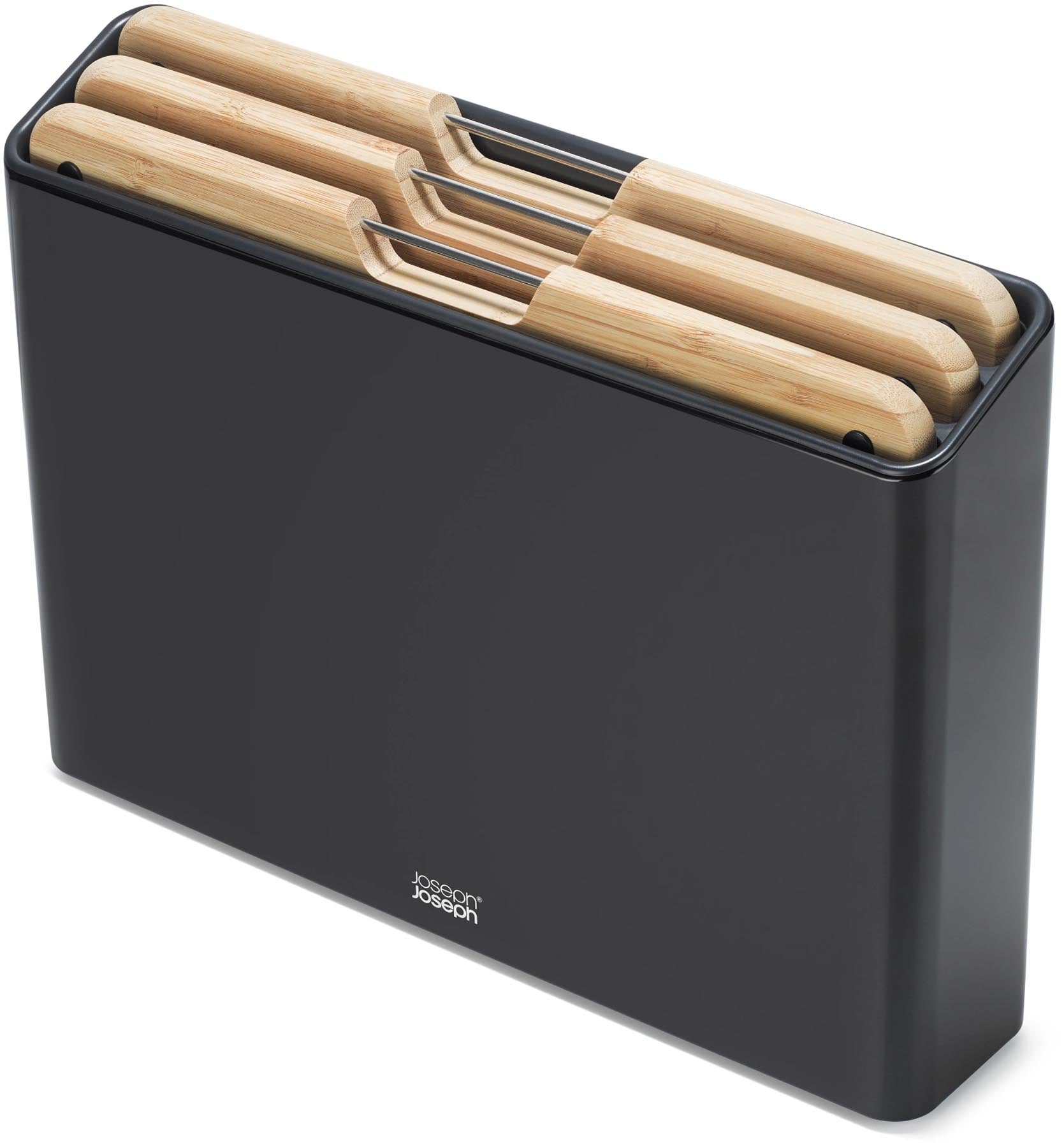 Folio Schneidbrett 3tlg Bambus mit Edelstahl Aufbewahrung in Schwarz präsentiert im Onlineshop von KAQTU Design AG. Schneidbrett ist von Joseph Joseph