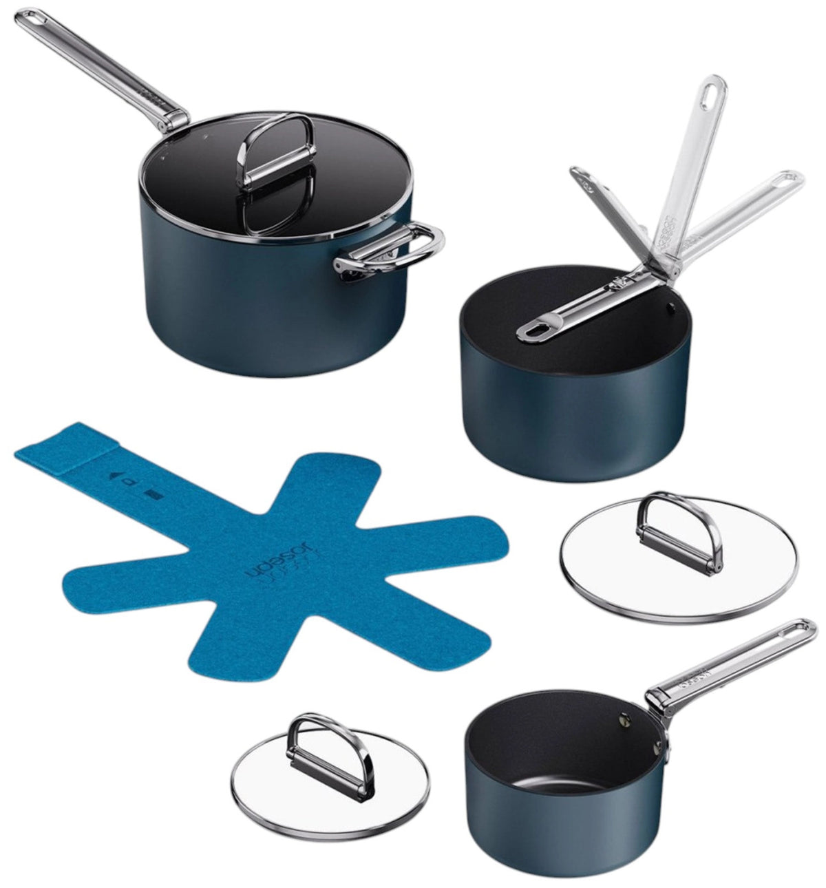 3er Set Space Stielkasserolle 15+19+23cm +2x Pfannenschutz in Blau präsentiert im Onlineshop von KAQTU Design AG. Stielkasserolle ist von Joseph Joseph
