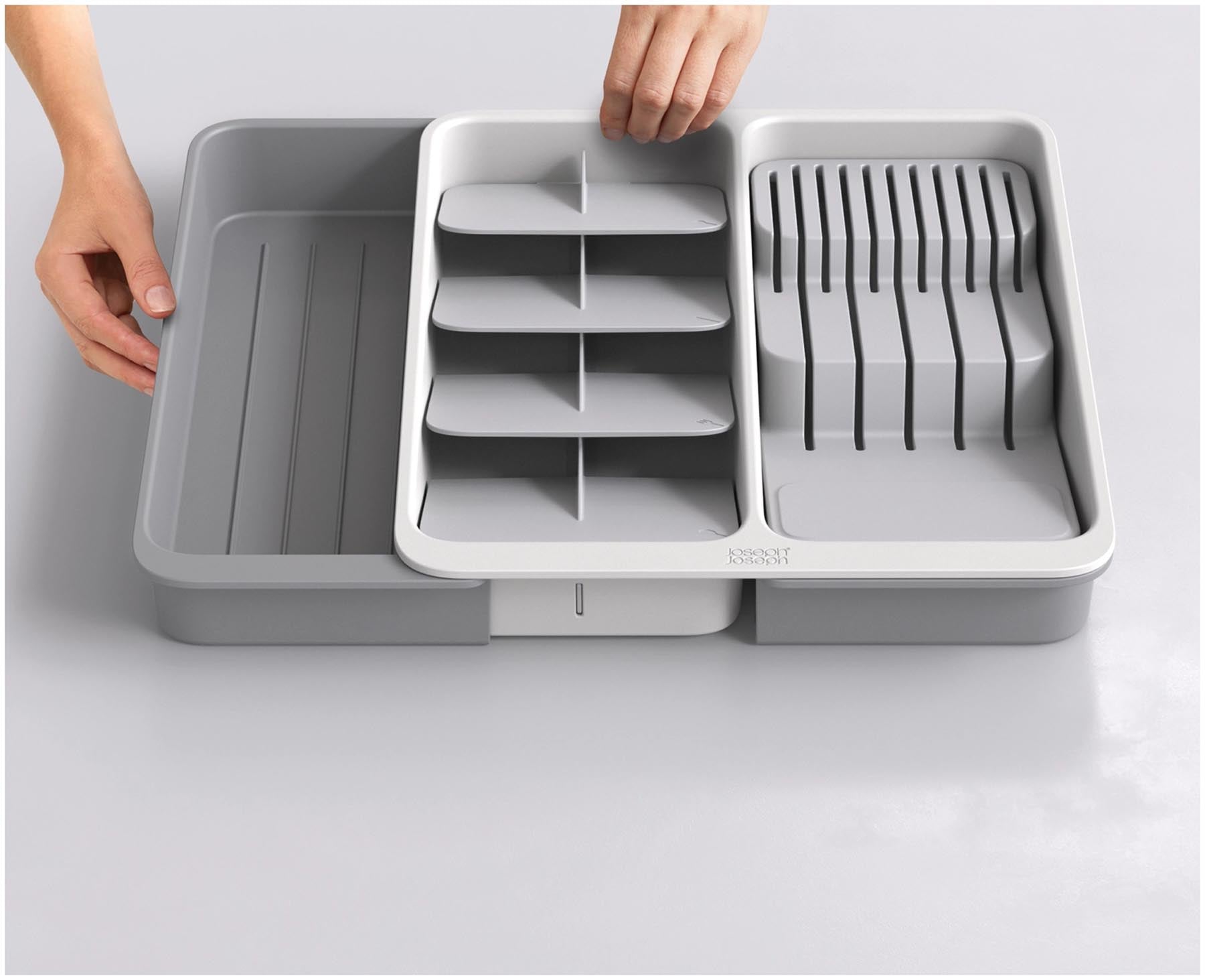 Praktischer und flexibler Besteckkasten aus recyceltem Kunststoff in modernem Grau, ideal zur optimalen Aufbewahrung von Besteck in der Küchenschublade.