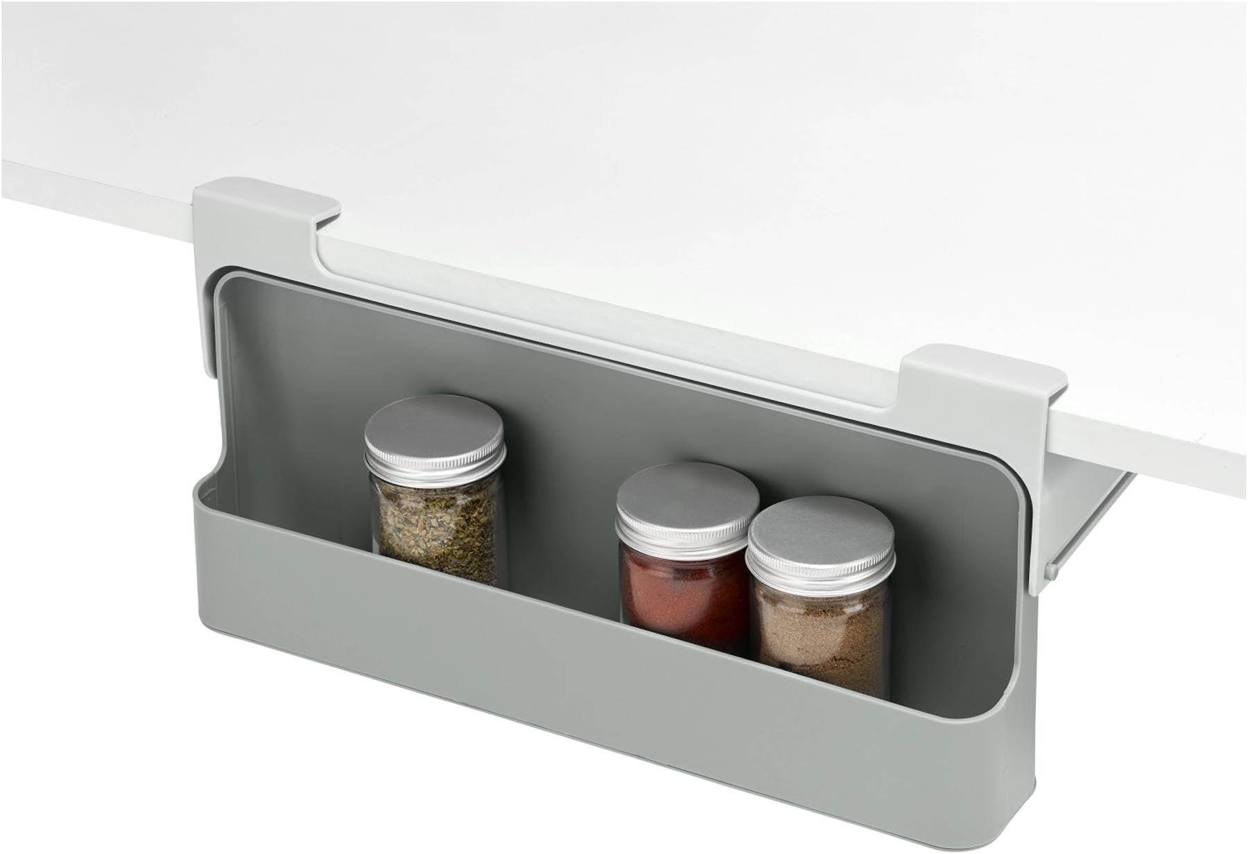 Praktisches Unterregal für Gewürze aus recyceltem Kunststoff in elegantem Grau, ideal zur optimalen Nutzung von Stauraum in der Küche.