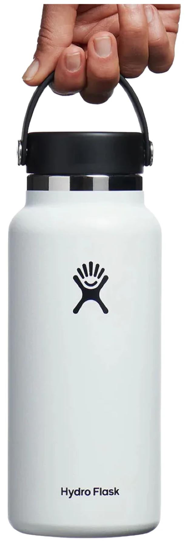 Moderne weiße Hydro Flask Trinkflasche mit 945ml Volumen und flexiblem Deckel, ideal für Sport und umweltbewusste Nutzung.